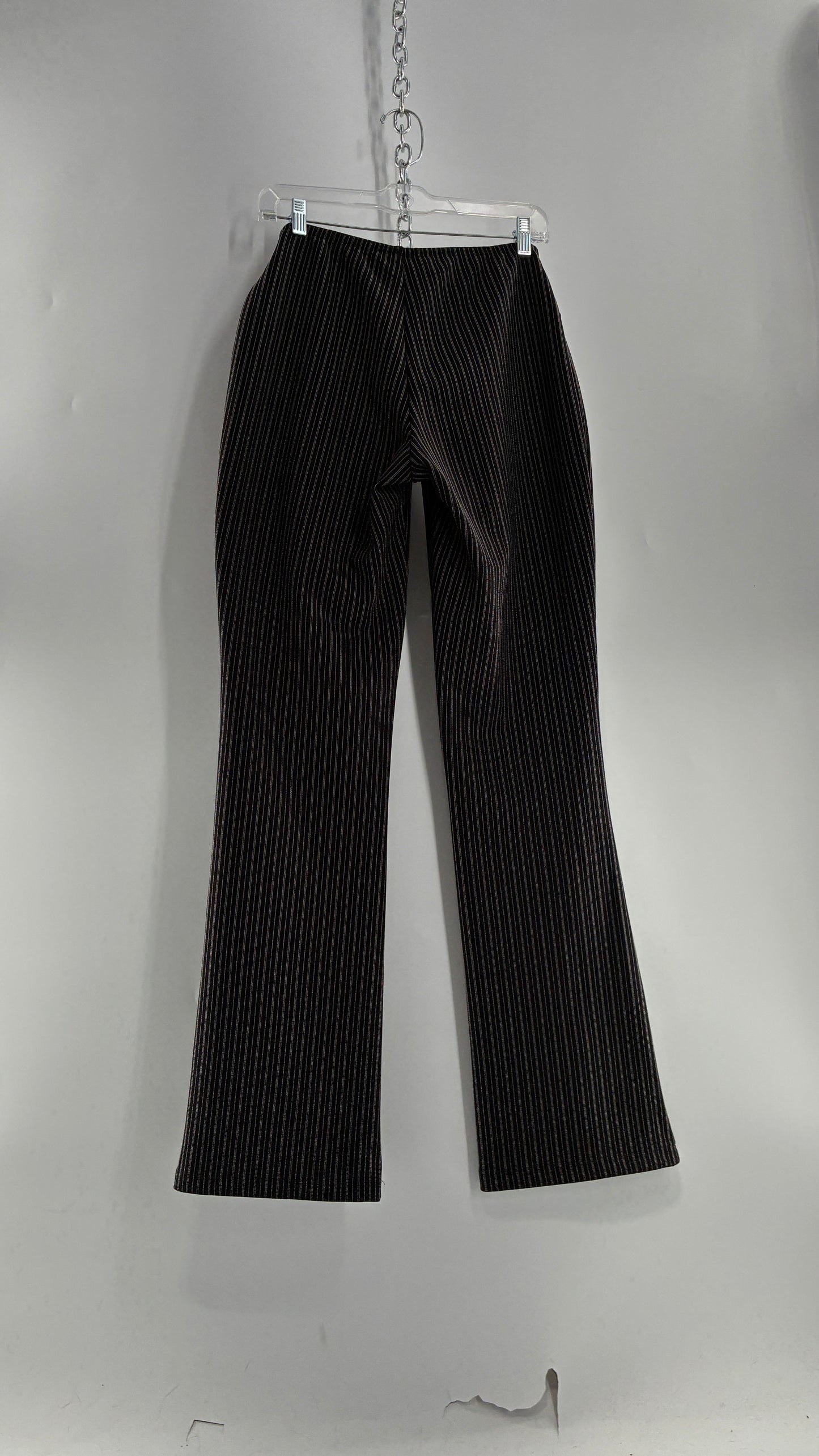 Vintage FASHION BUG Low Rise Black Striped Kick Flares with Silver Buckle Belt 1990s (6)