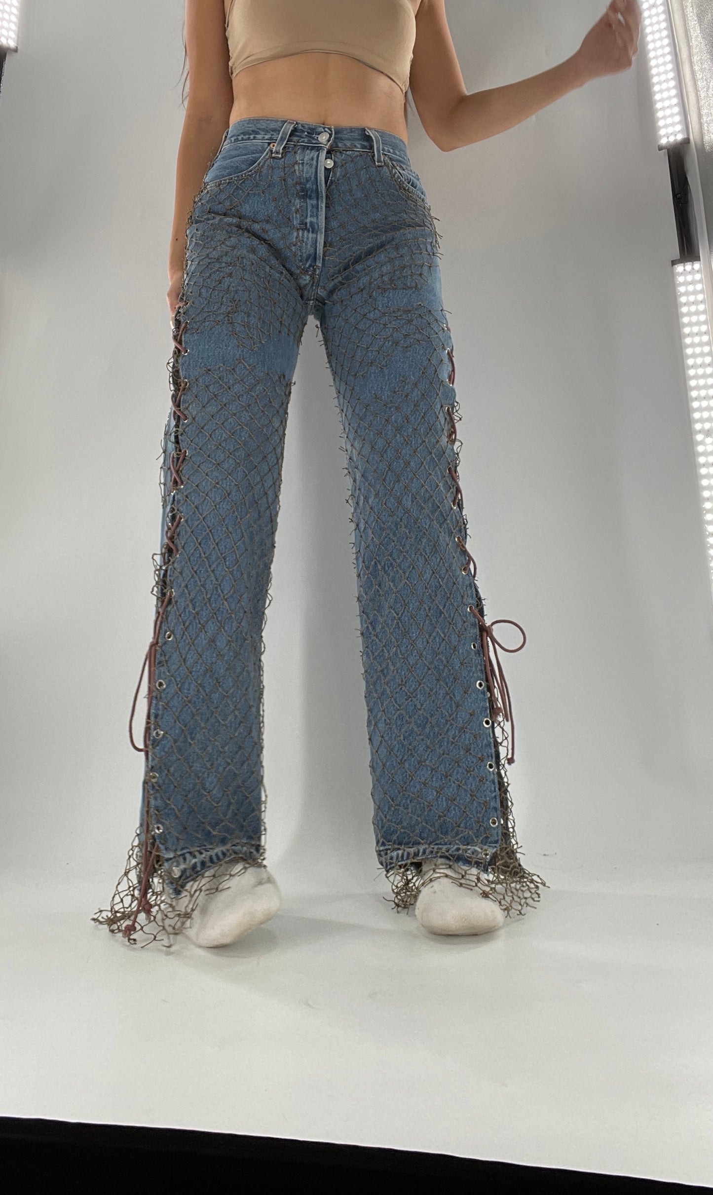 Custom - Fishnet Levi’s with Grommets and Lace Up Sides (Waist 29 Length 30) Fits Like a 26*