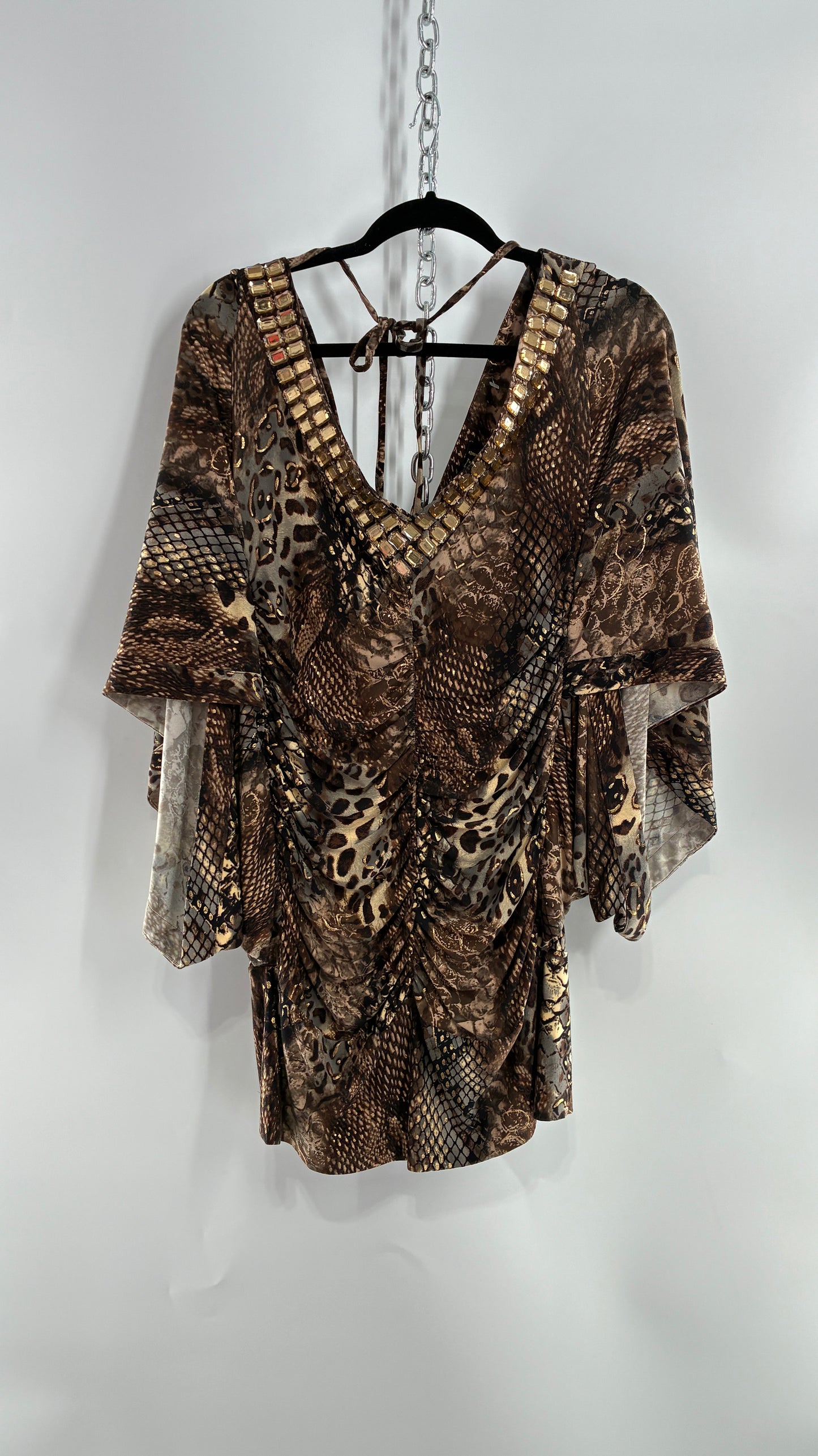 Vintage ZIZZI Metallic Animal Print Mini Dress with Draping Sleeves and Rhinestone Neckline (Large)