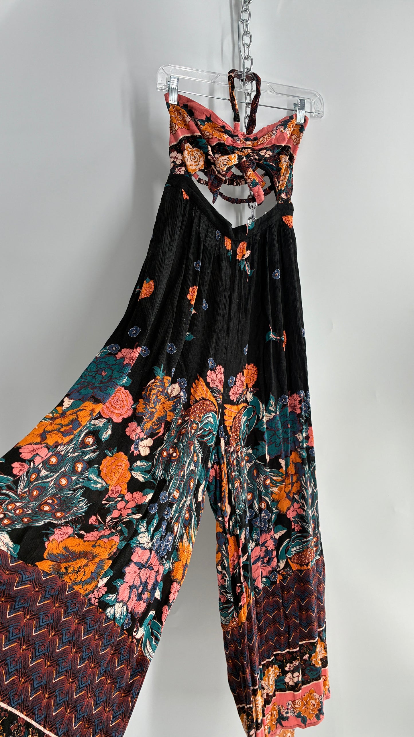 Free People Wide Leg Black Jumpsuit with Contrast Florals (Small)