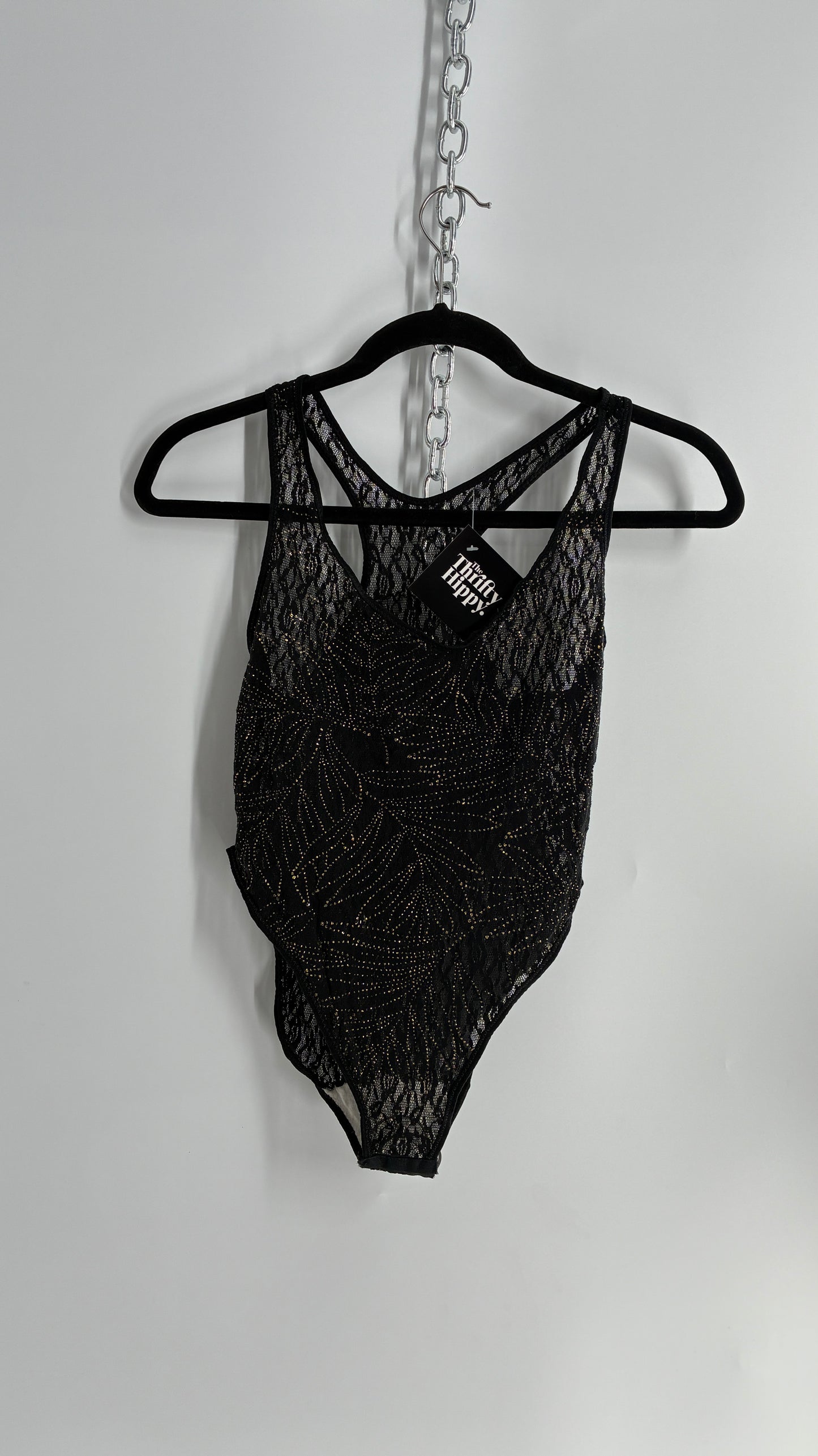 Vintage 1990s Sheer Black Bodysuit with Gold Glitter Foliage Pattern (Large)