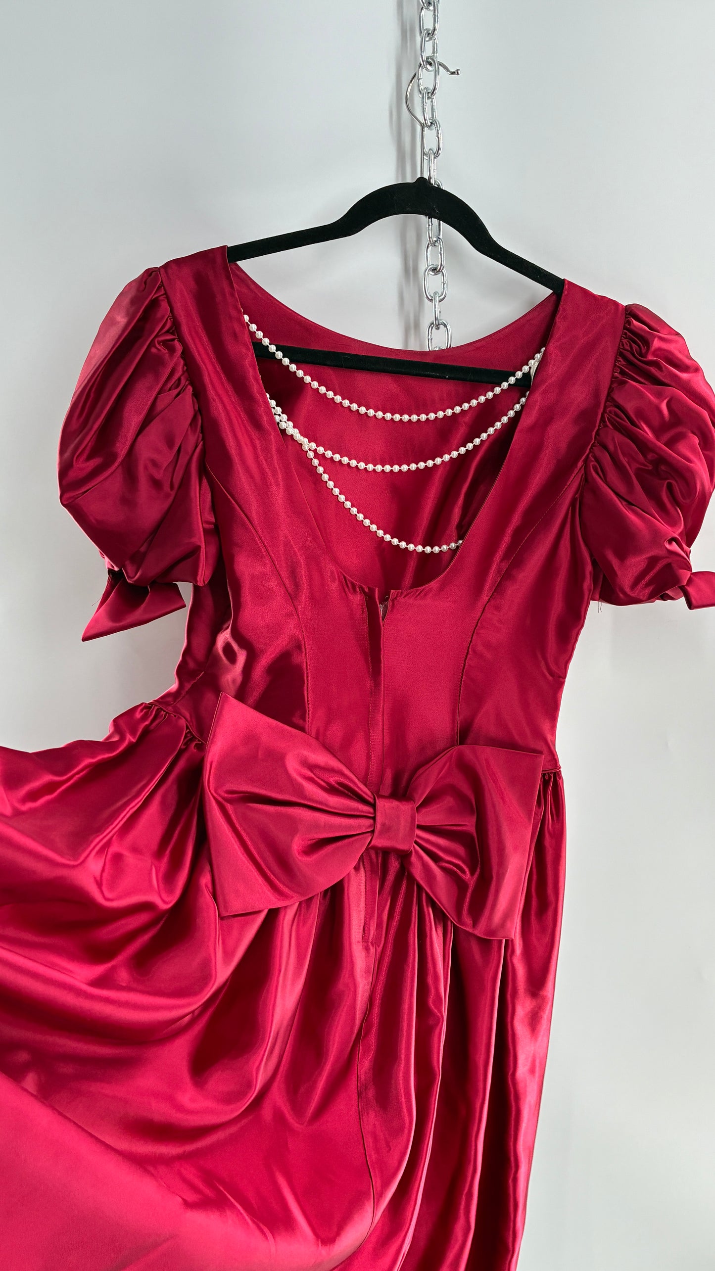 Vintage Red Silky Satin Corset Style Dress with Sweetheart Neckline, Puff Sleeves, Oversized Bow Bum, Open Back and Draping Pearls (10P)