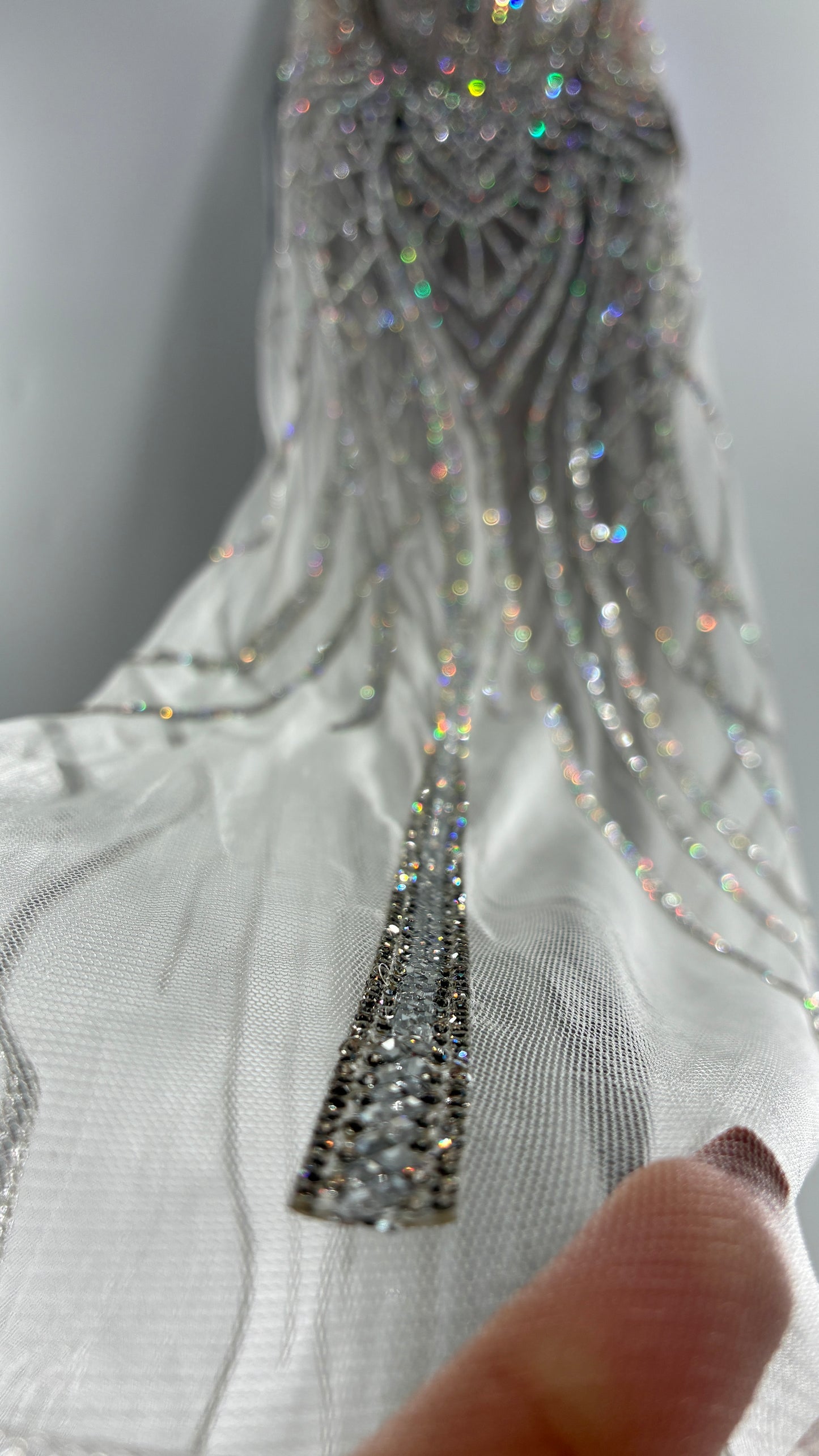 NWT LADIVINE by Cinderella Divine Silver Nude CC6018 Mermaid Corseted Gown with Multiple Layers of Tulle, Covered in Crystal Strips (16)