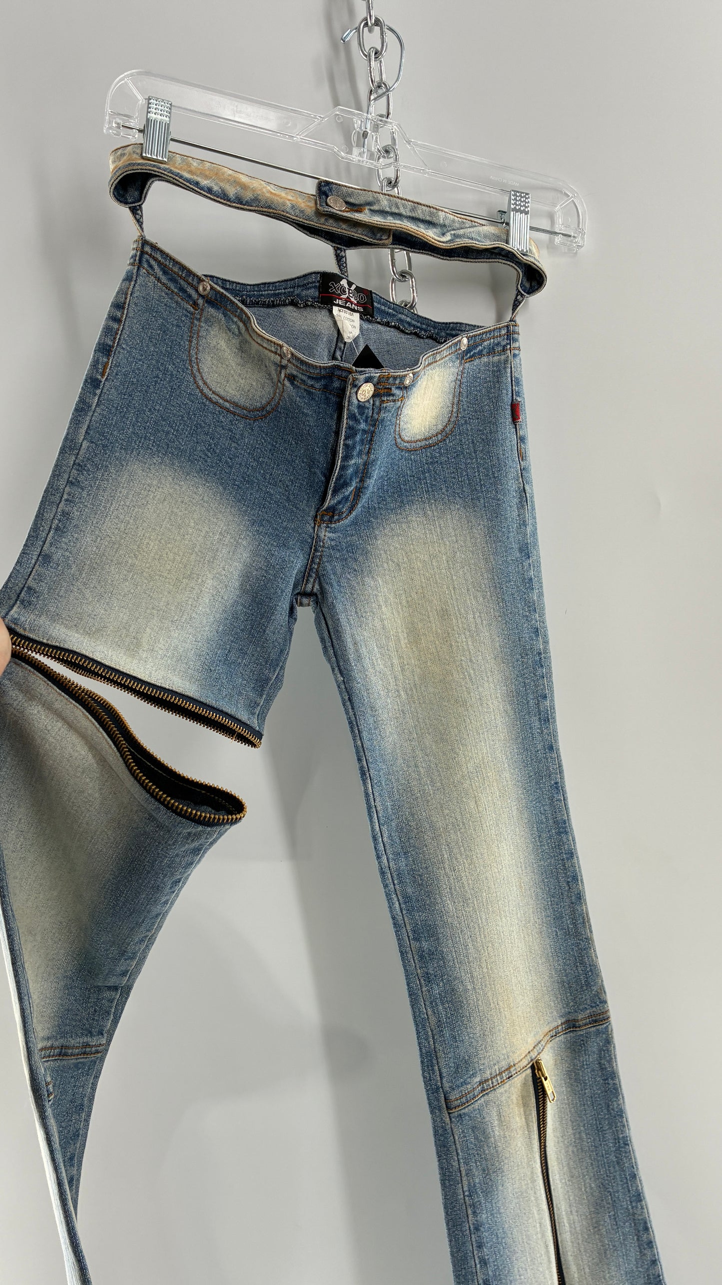 Vintage XCESO JEANS Rare Faded Double Waistband Kickflare Jeans with Functional Zipper Details (Medium*)