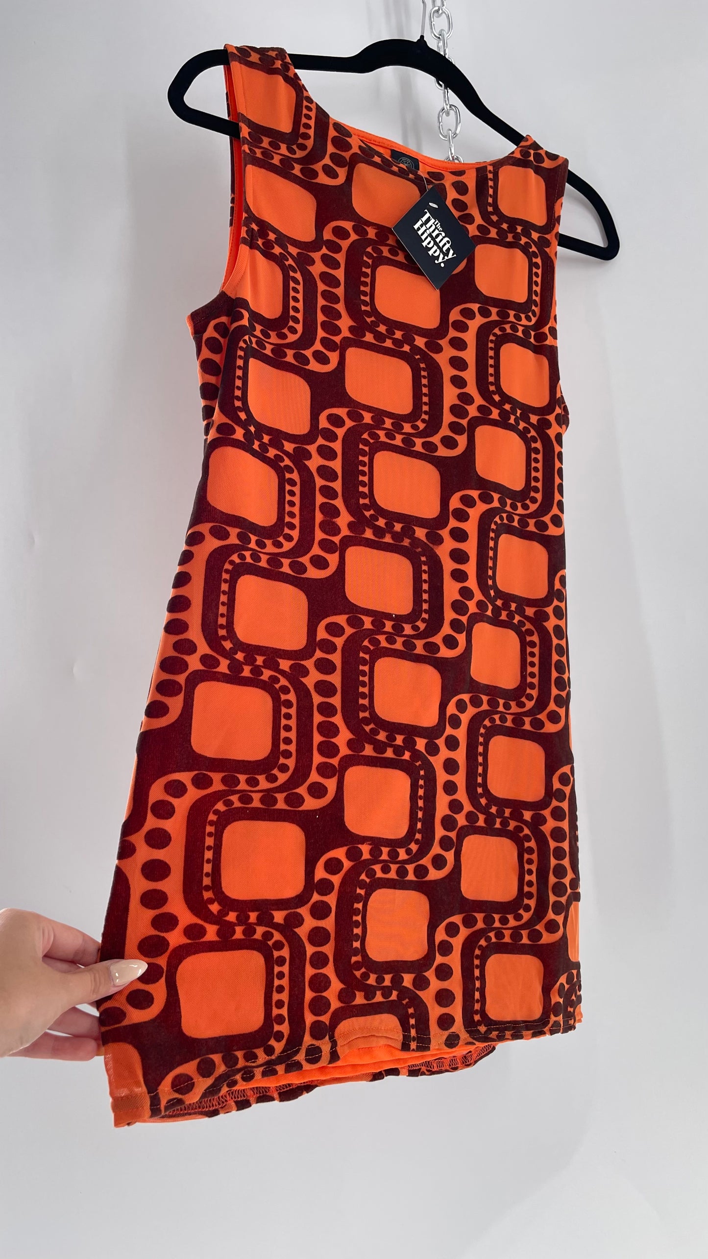 Urban Outfitters Orange Retro Patterned Tunic Dress with Brown Velvet 1970s Print (Large)
