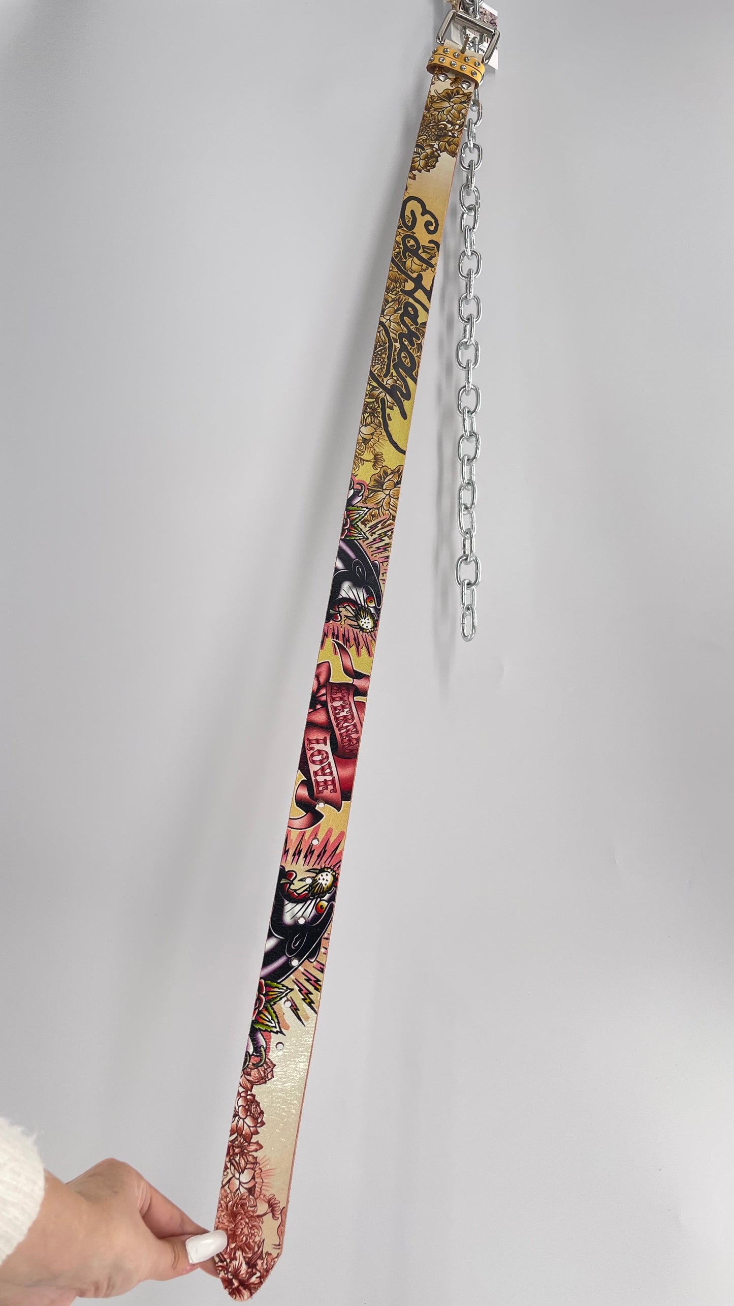 Ed Hardy Genuine Leather Belt with Rhinestones and Jaguars (M)