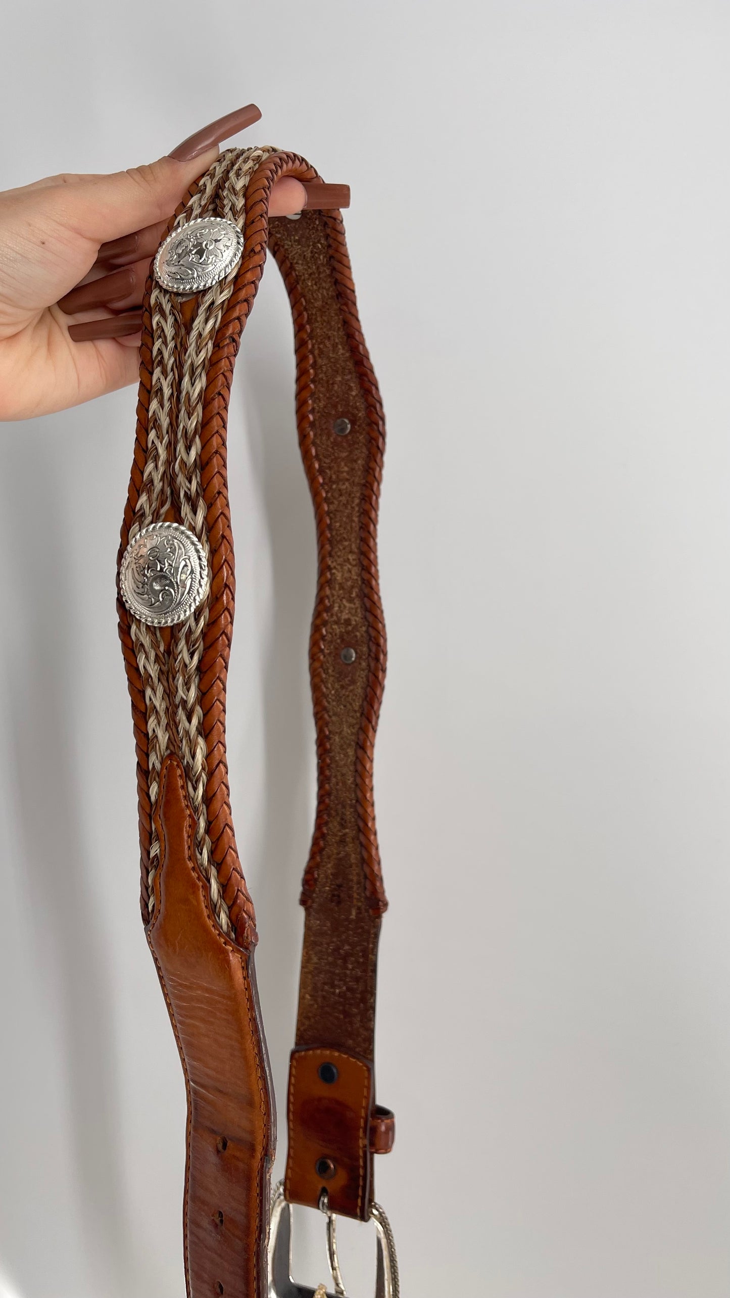 Vintage Tony Lama Genuine Leather Horse Hair Western Braided Belt With Silver Embellishments (34)