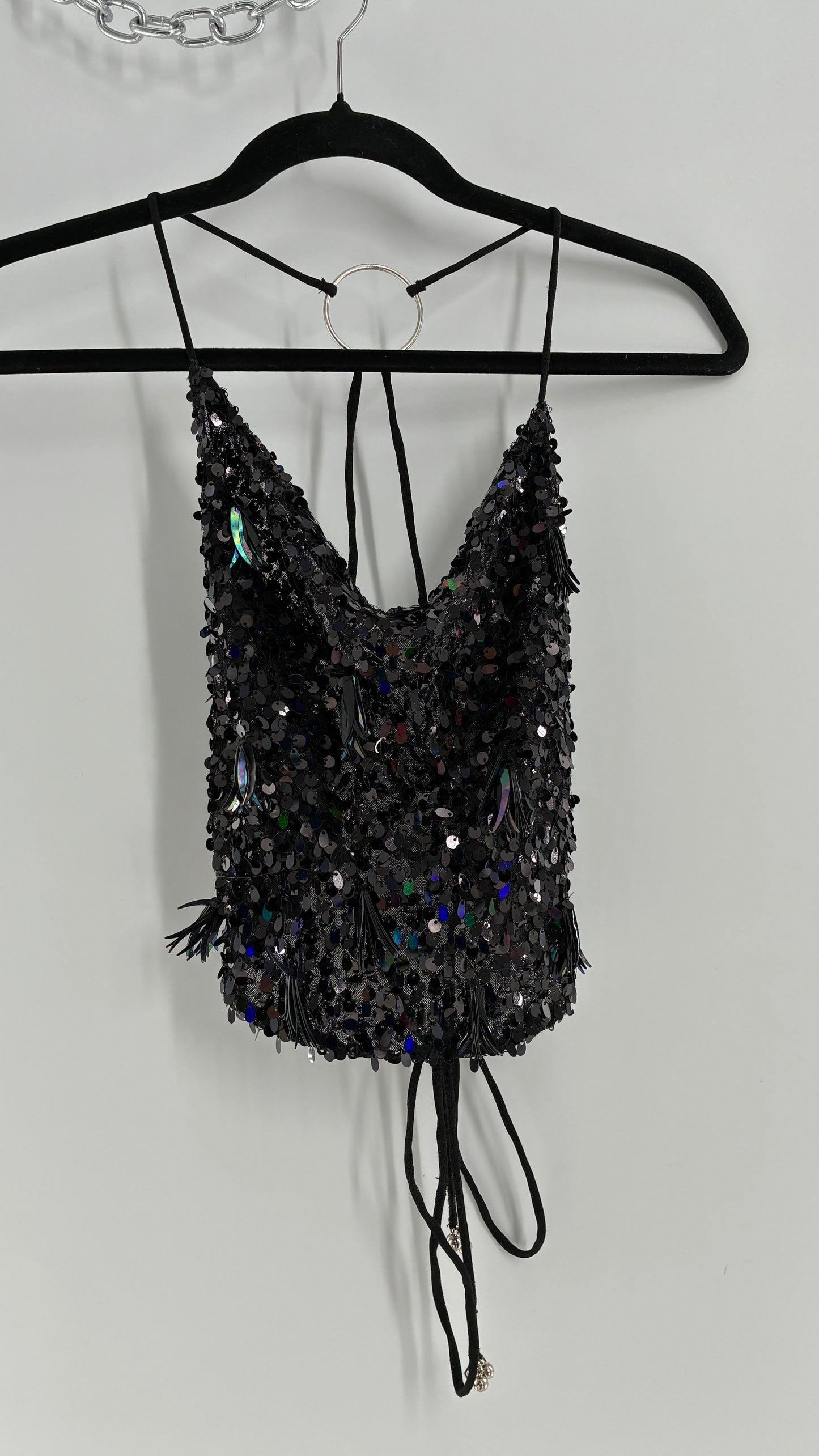 Free People Black Open, Tie Up Back Camisole Covered in Sequins with Silver Hoop Details (XS)