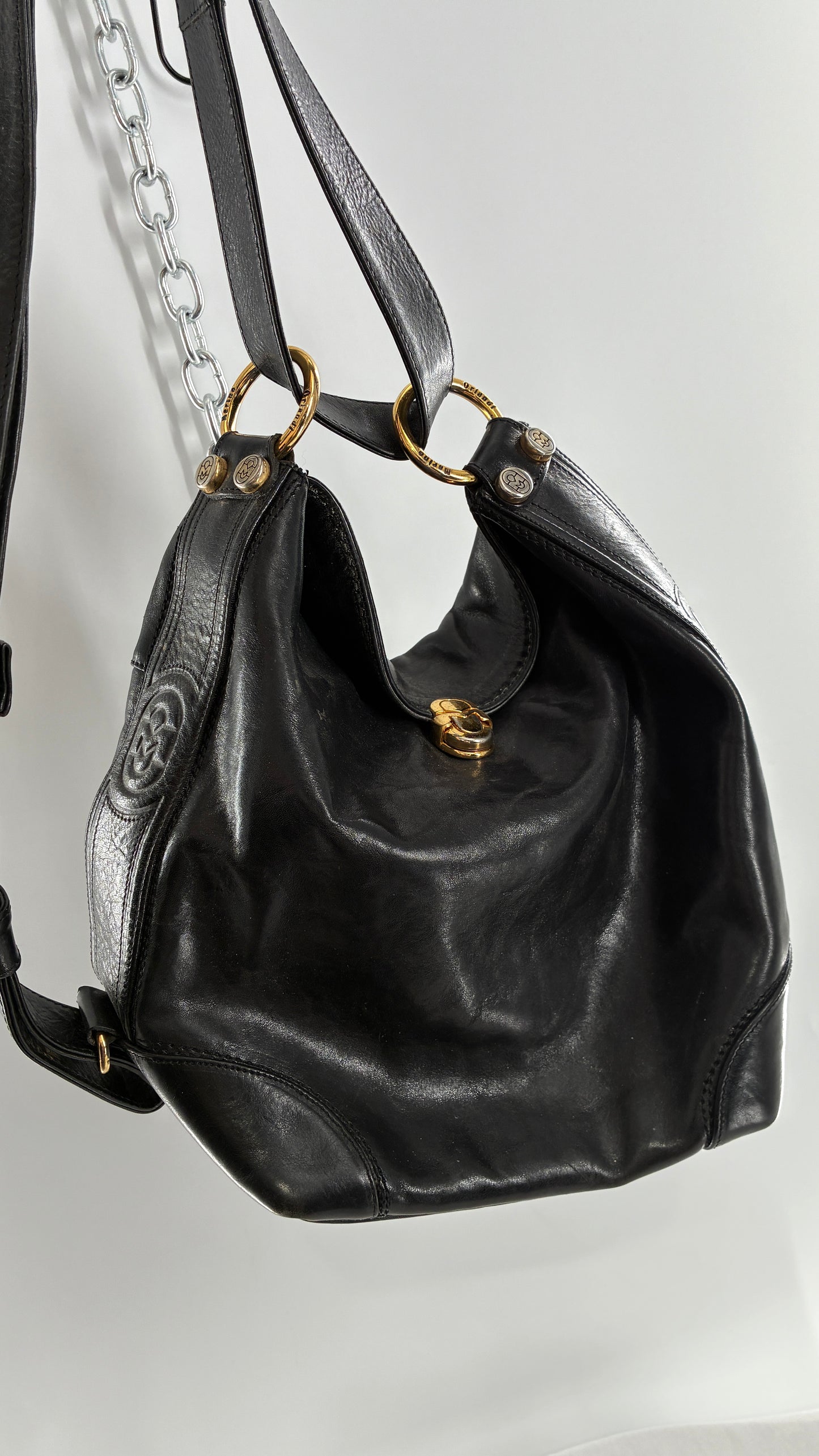 Vintage MARINO ORLANDI Black Leather Purse Made in Italy with Gold Embossed Hardware