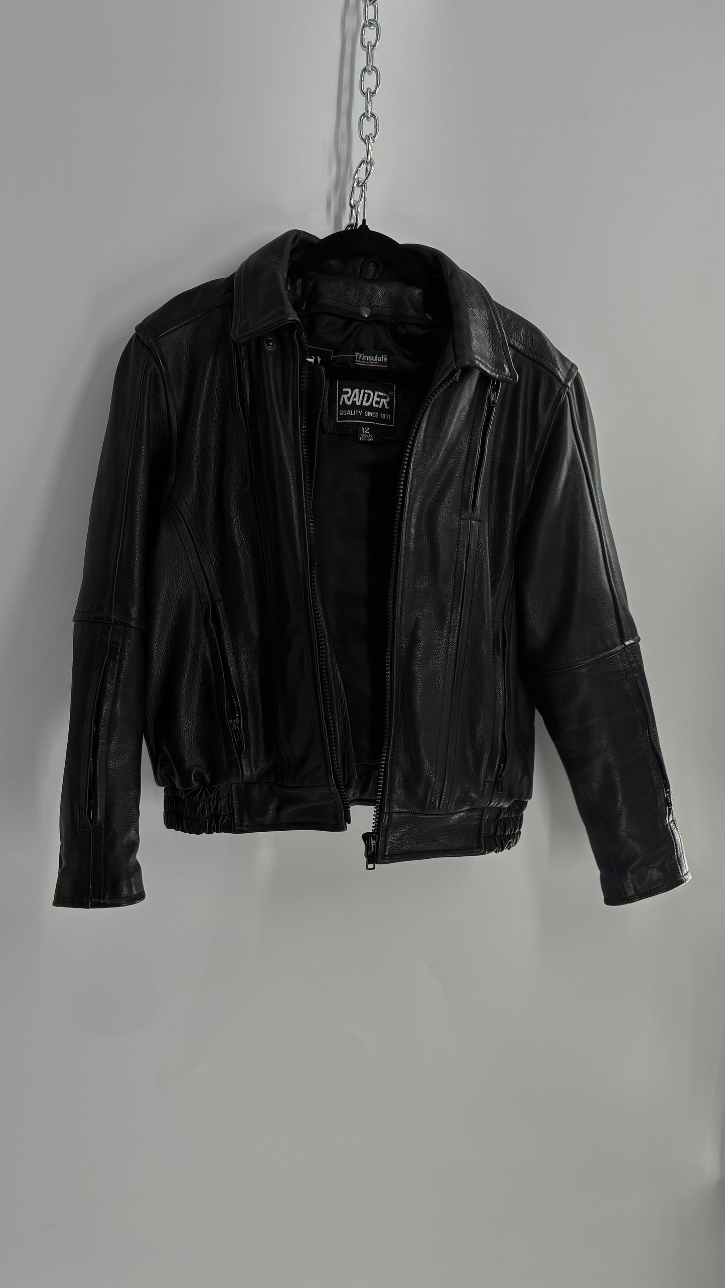 Thinsulate RAIDER Black Leather Motorcycle Bomber Jacket (12)