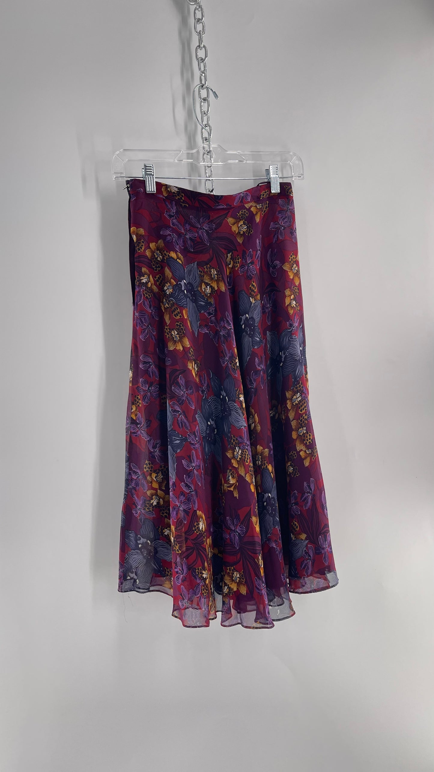 Vintage 100% Silk Burgundy Tropical Skirt with Leopard Florals (4)