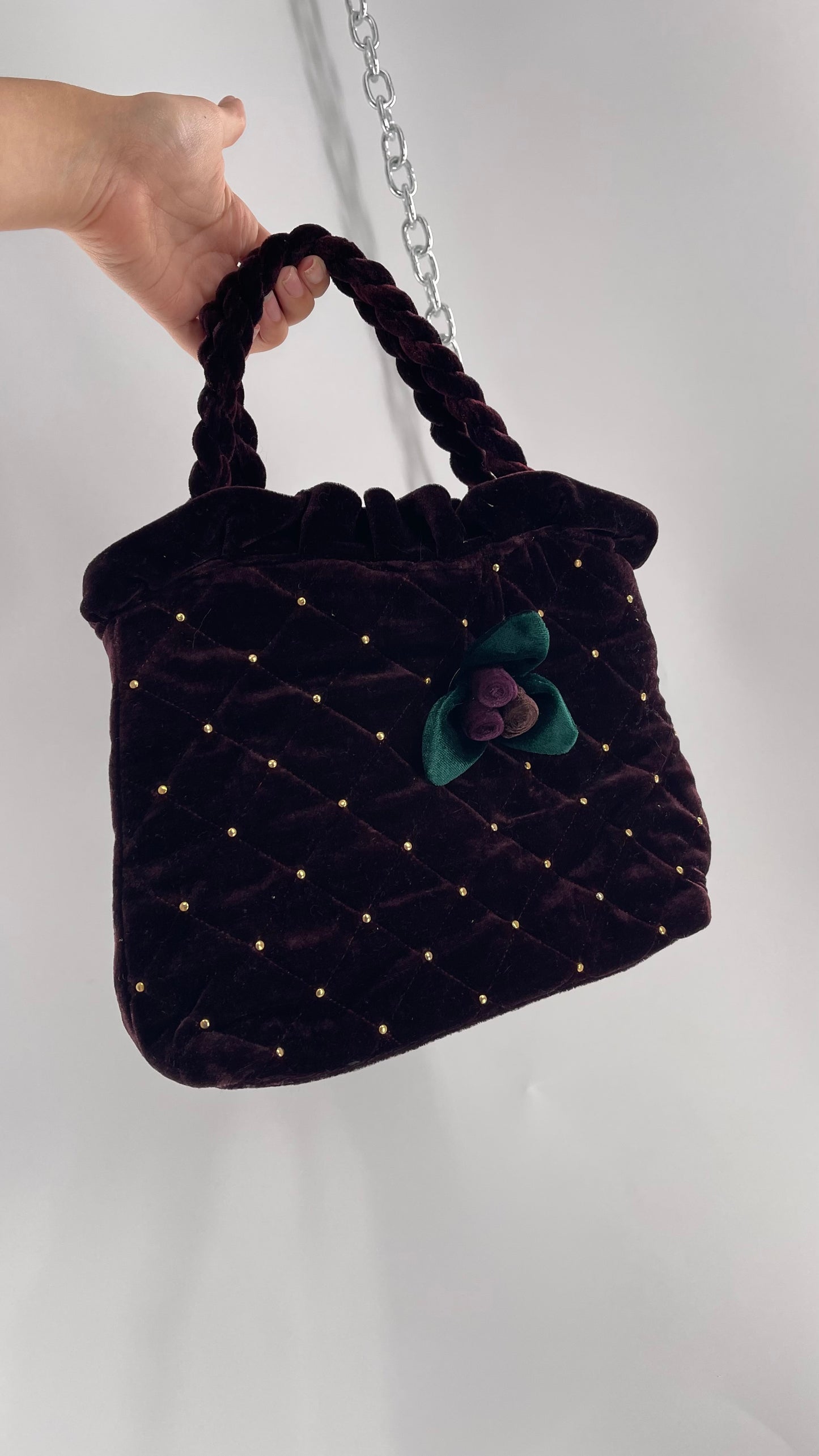 Vintage Purple Violet Velvet Quilted Purse with Rope Handles and Gold Metal Closure
