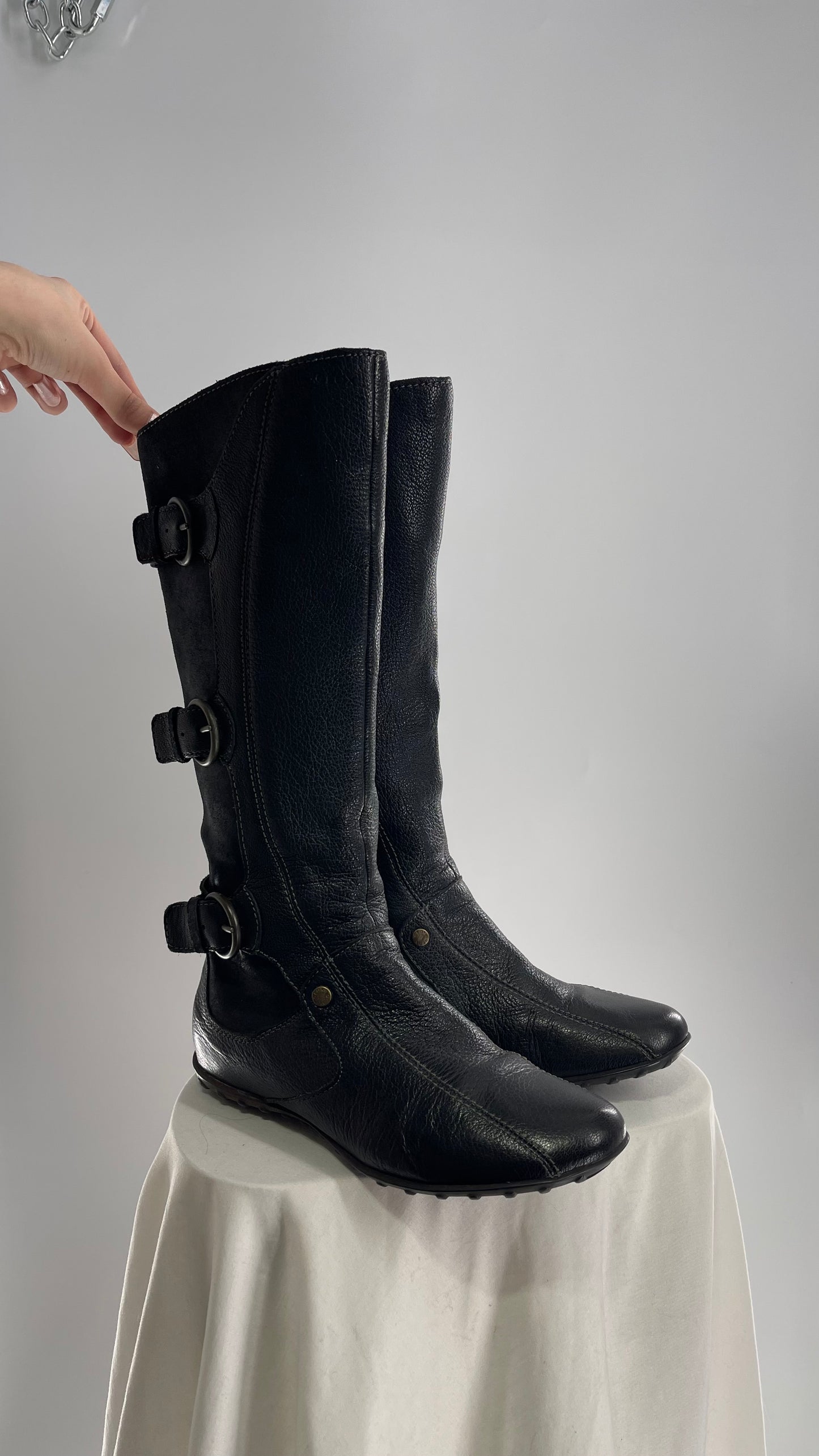GEOX Black Leather Buckle Knee High Boots