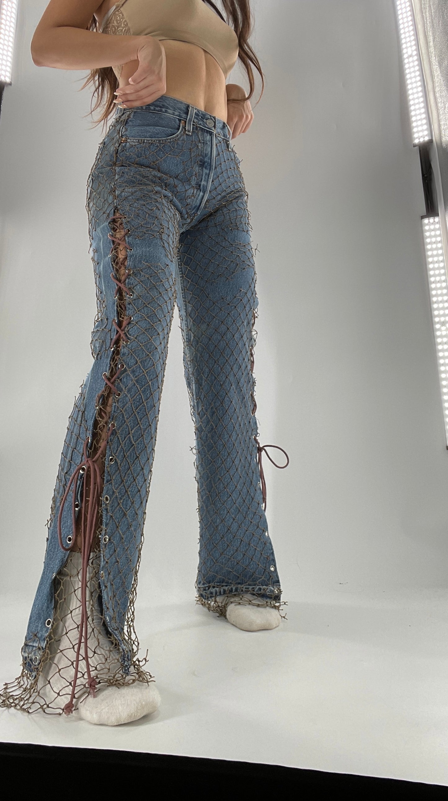 Custom - Fishnet Levi’s with Grommets and Lace Up Sides (Waist 29 Length 30) Fits Like a 26*