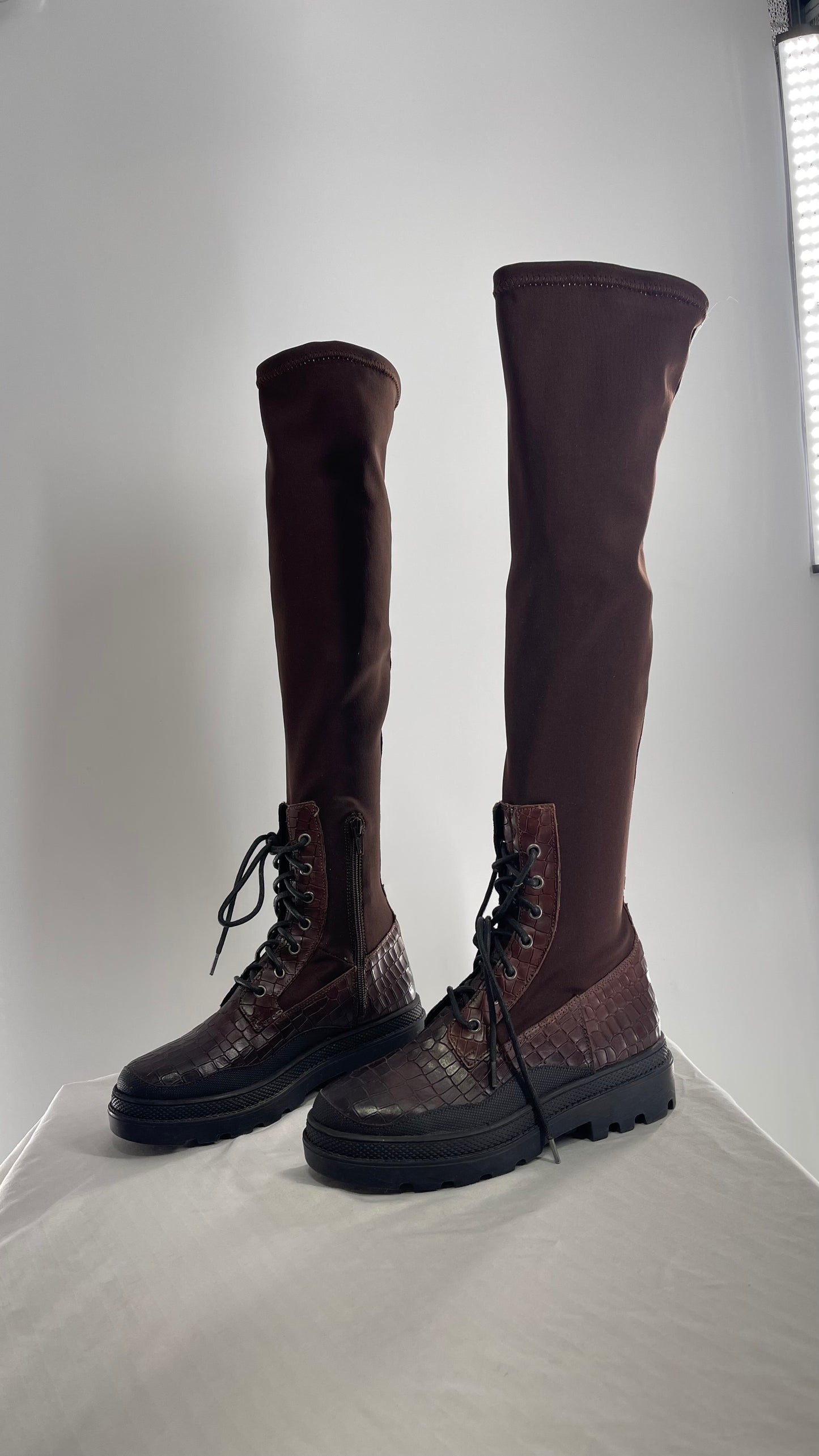 Free People Dark Brown Riding Style Embossed Knee High Platform Boots (37)