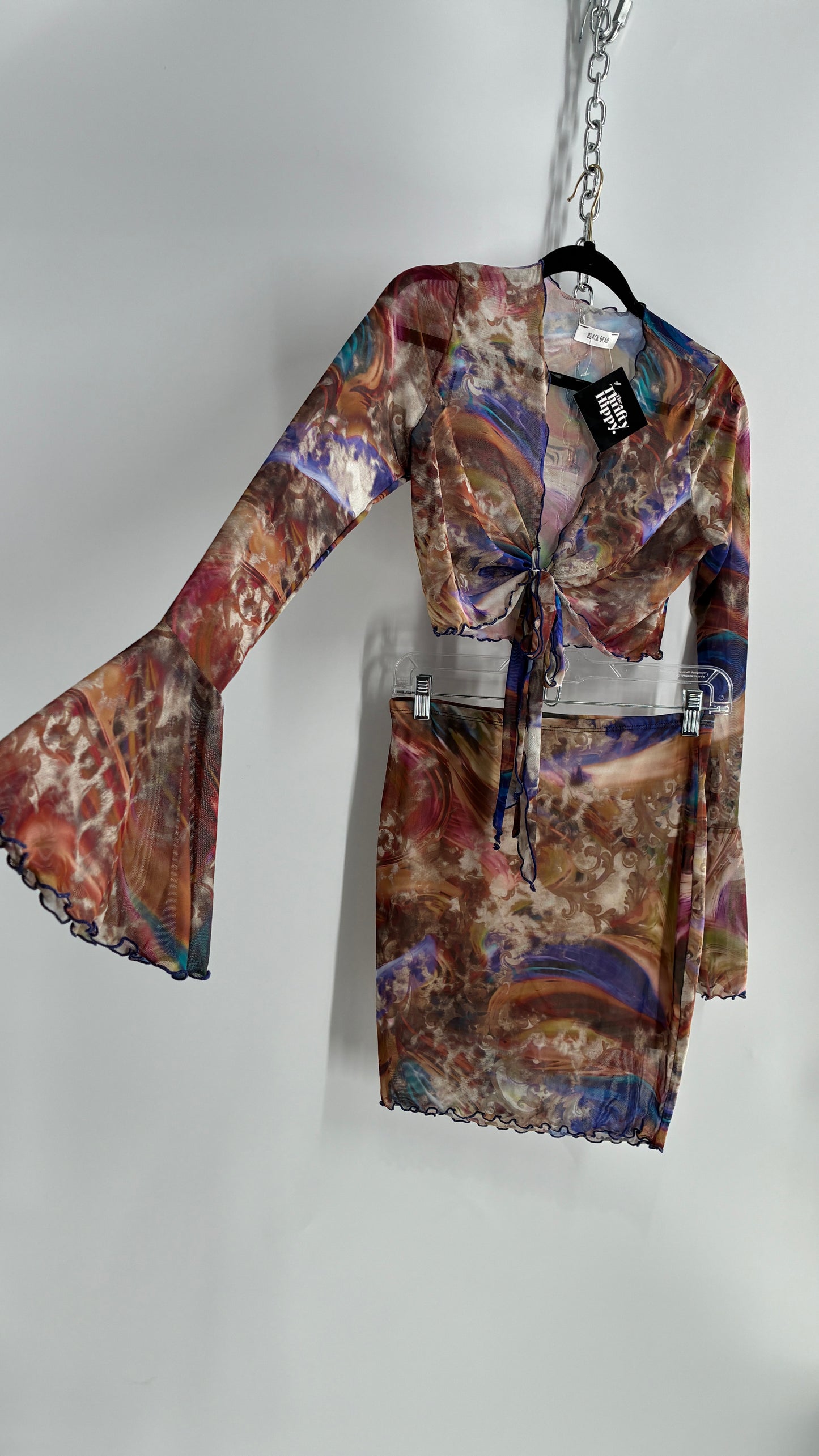 Graphic Two Piece Set: Bell Sleeve Tie Front Blouse & Mini Skirt (Large)