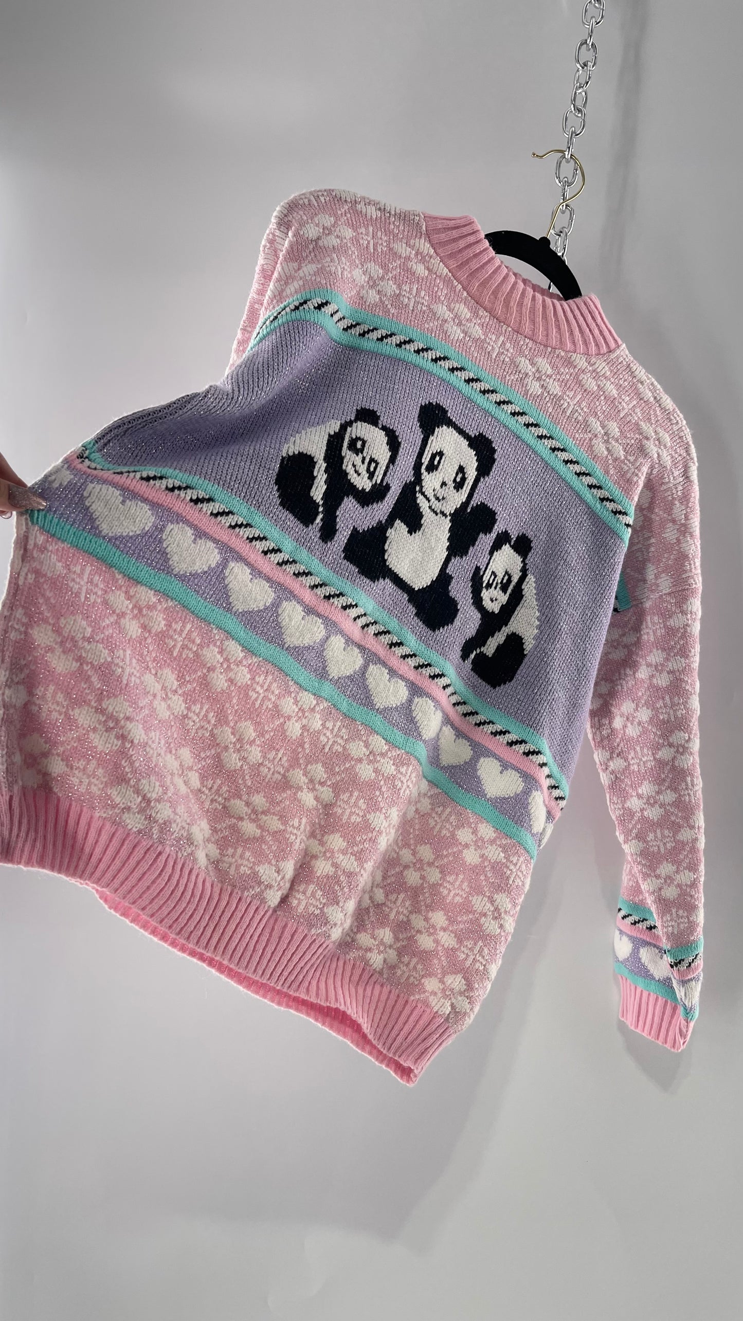 RARE 80s Vintage Adele Pastel Pink, Purple, Mint Silver Tinsel Sweater with Anime/Manga Art Style Pandas (Medium)