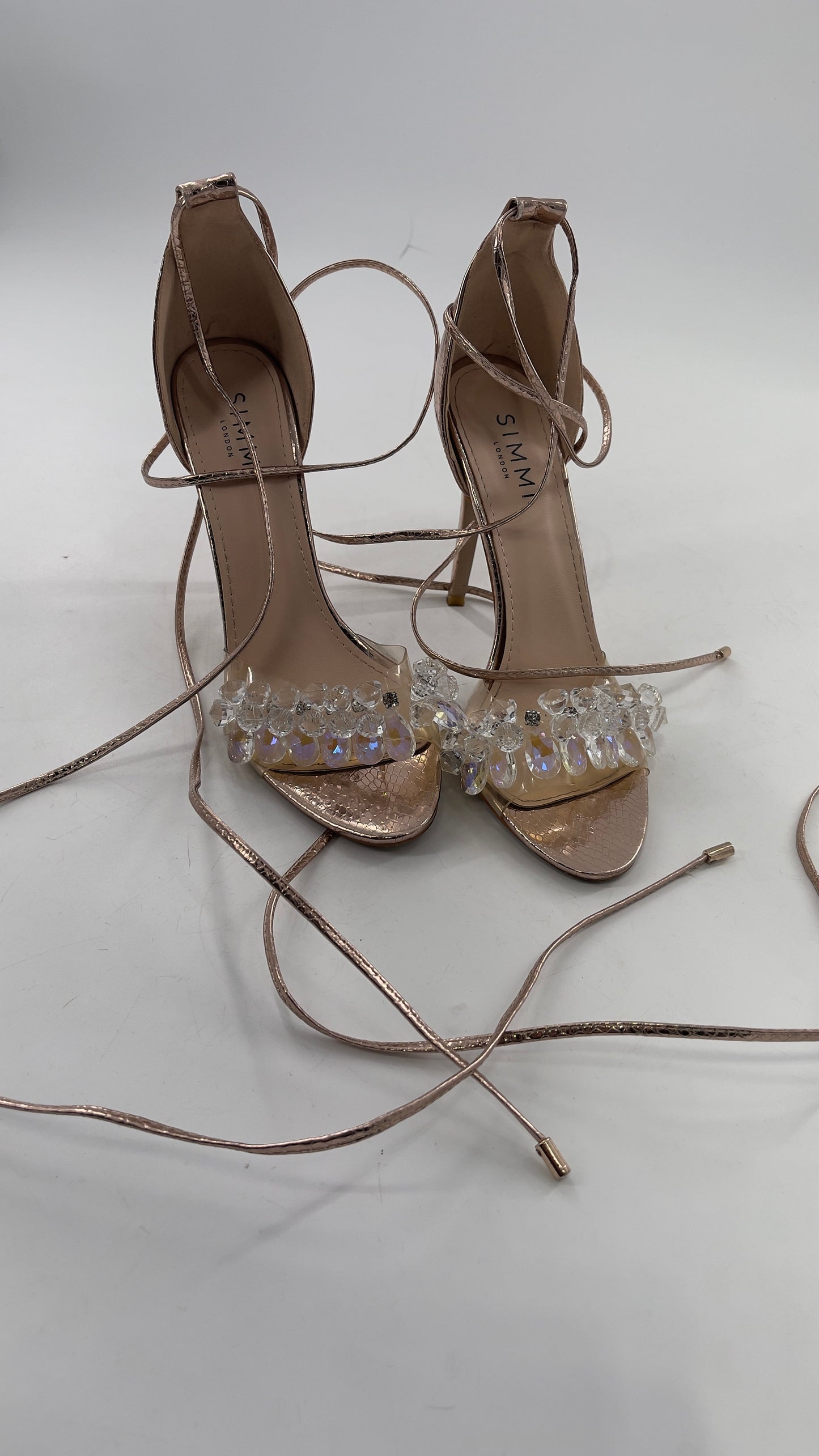 SIMMI LONDON Rose Gold Textured Heels with Clear Toe Strap Covered in Rhinestones/ Crystal Pendants and Tie Up Ankle Straps (7)