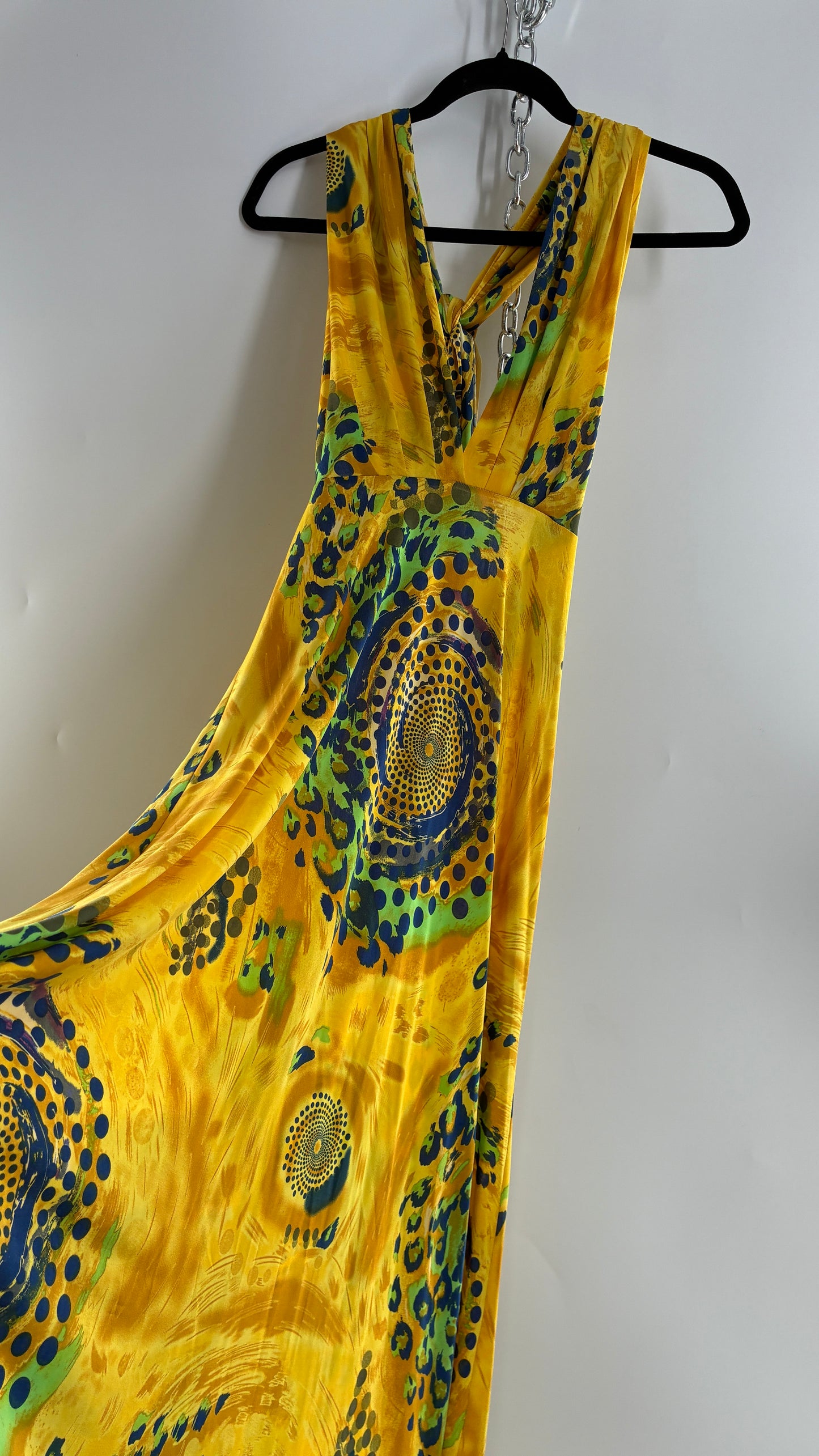 Vintage NARCISA LANG Lycra Full Length, Backless Yellow Dress with Graphic Pattern (XS/S)