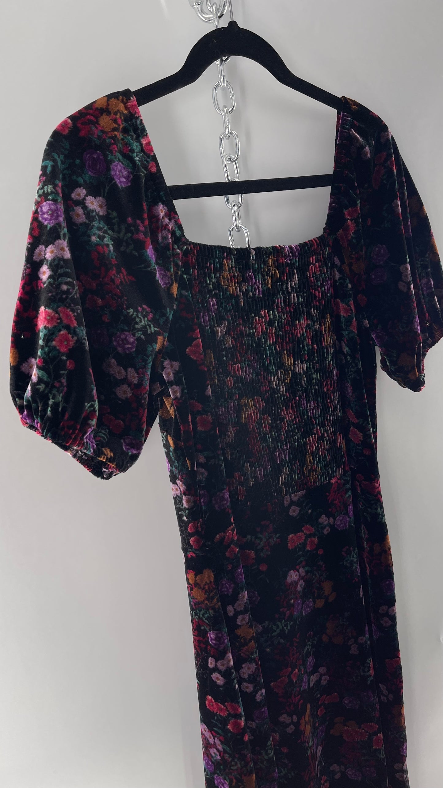 LOFT Velvet Dark Floral Full Length Dress with Puff Sleeves and Smocked Back with Tags Attached (8)