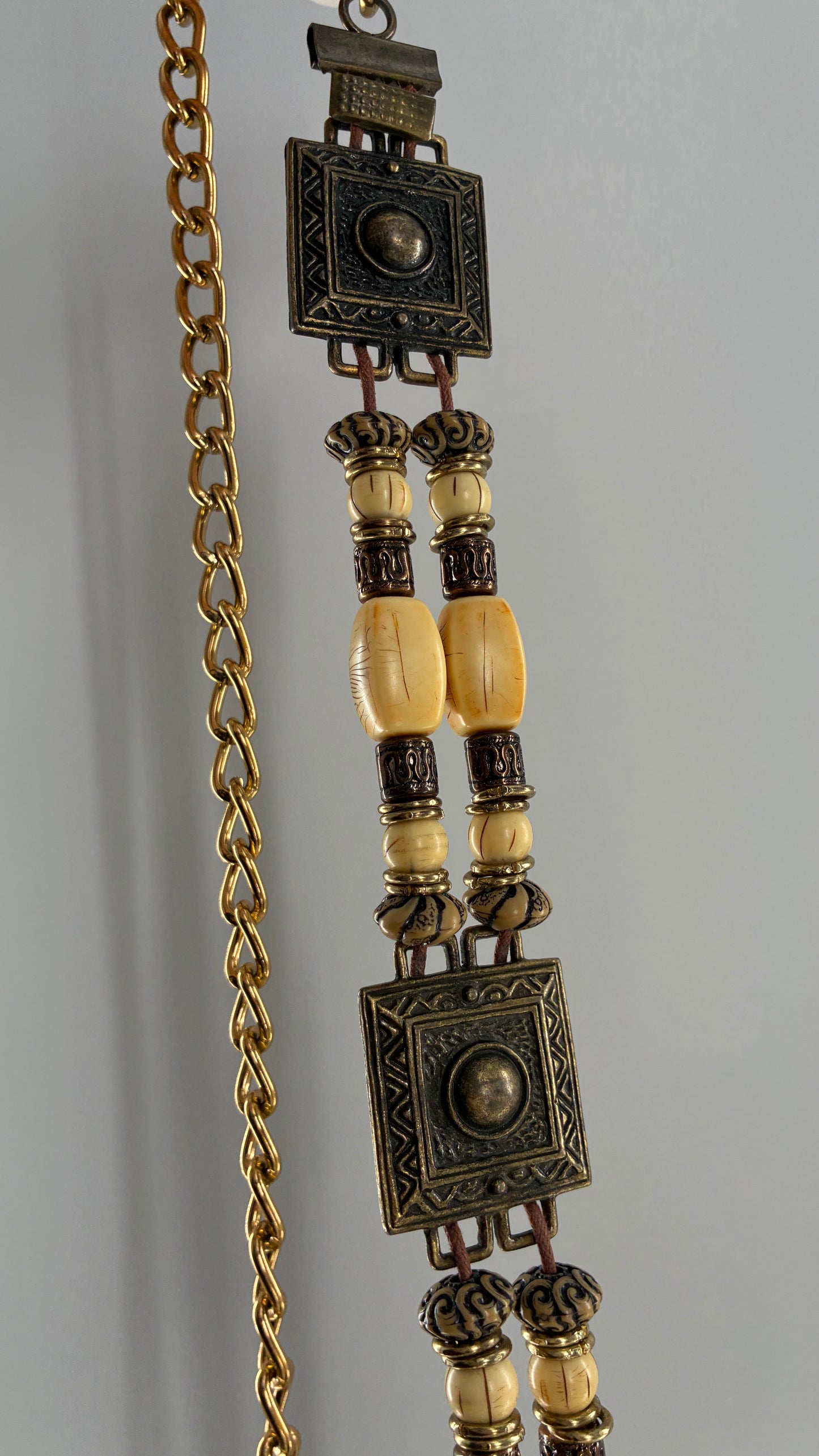 Vintage Beaded Chain Belt with Metal Square Medallions