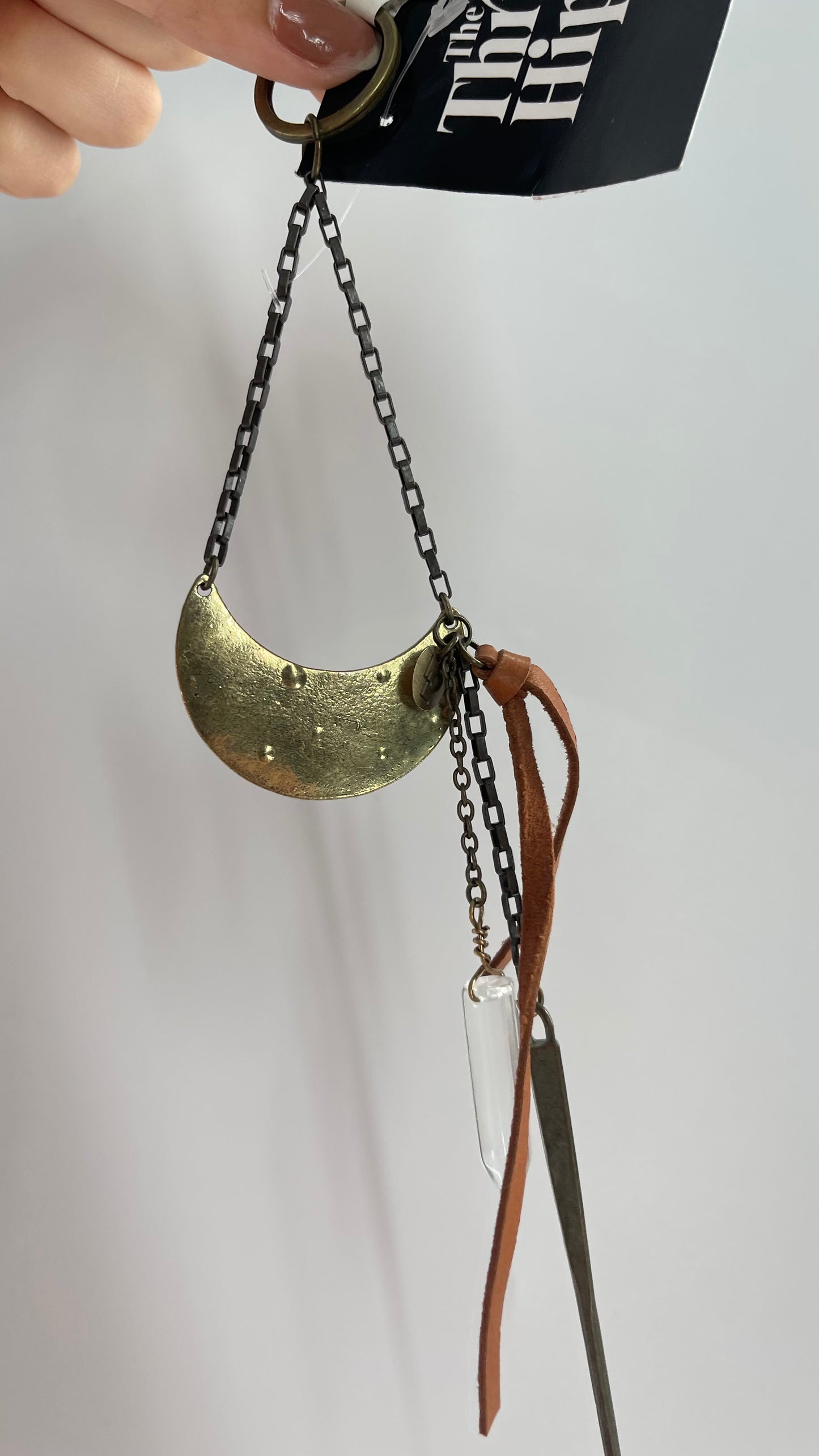 Free People Keychain with Bronze Half Moon, Crystal, and Vegan Leather Detail