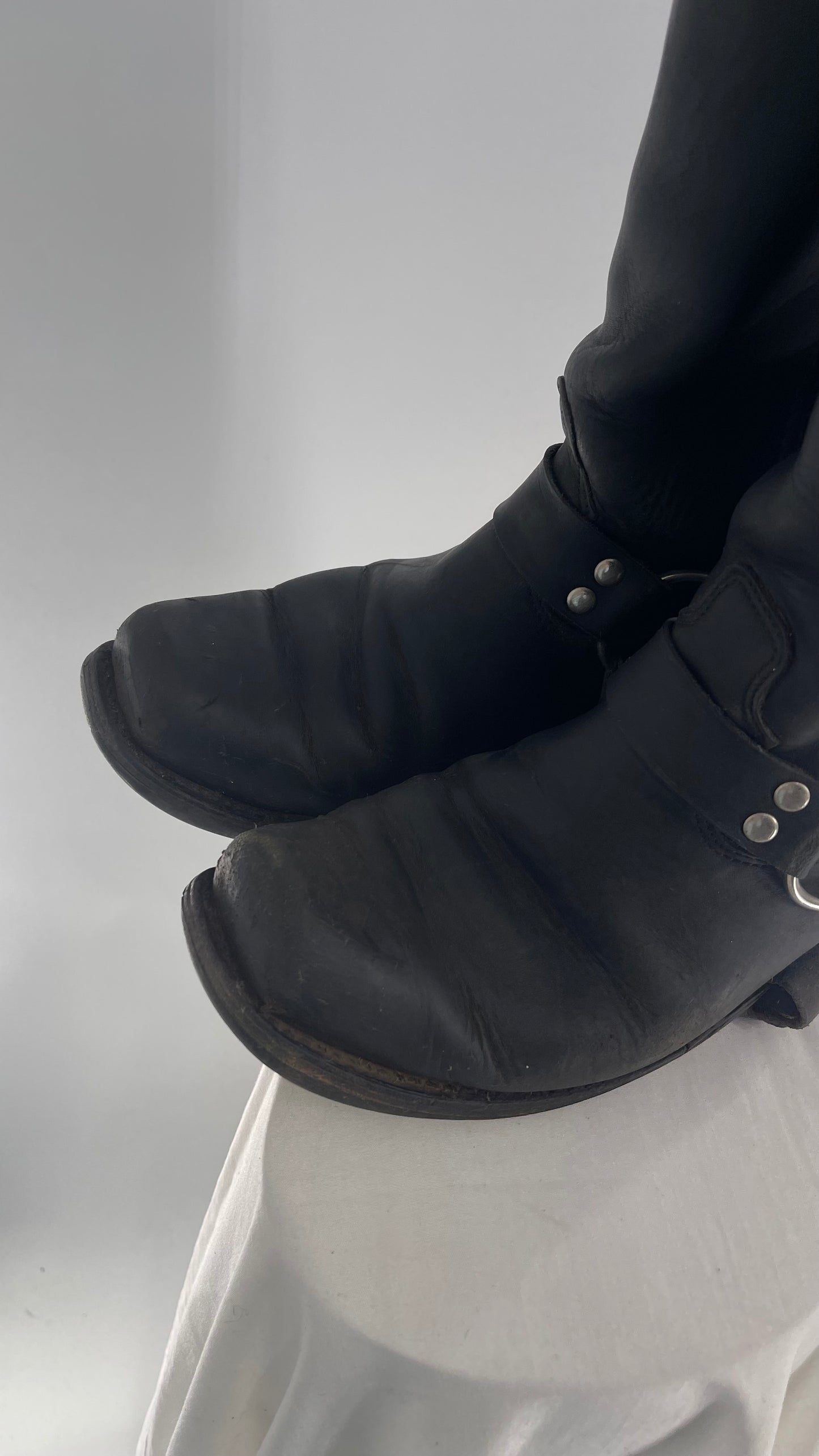 Vintage SIERRA Black Heavy Duty Sloppy Scuffed Distressed Leather Motorcycle Boots (10.5)
