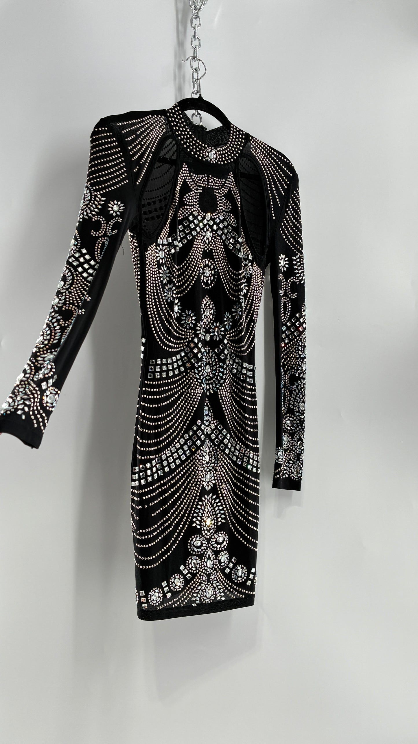 Black Bedazzled Mini Dress with Cut Out Details Covered in Gems (Small)