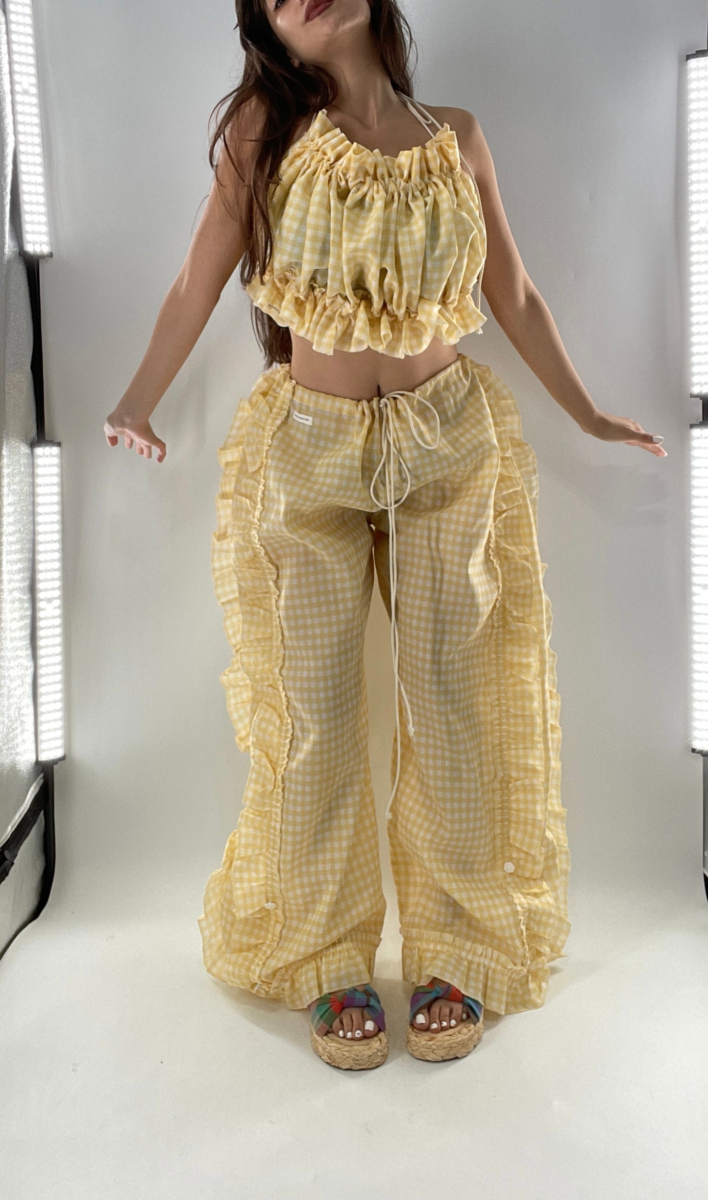 Vintage 2 Piece Yellow Checkered/Gingham Patterned Picnic Set with Ruched Bust Top and Ruffle Side Wide Legs with Adjustable Length, Strap Up Buttons on Hem (One Size)