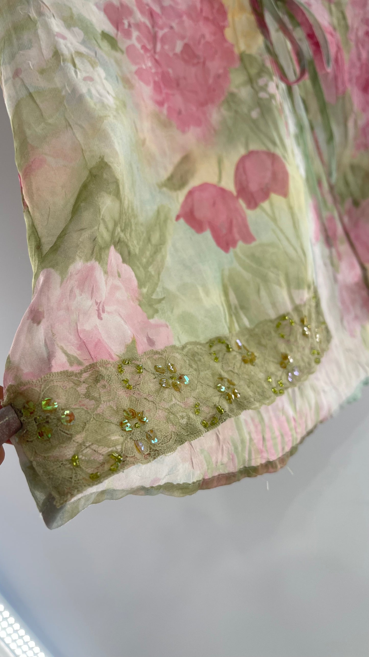 Vintage STUDIO 1 Bow Front Crinkled Floral Blouse Lace Trim Hem (Large)