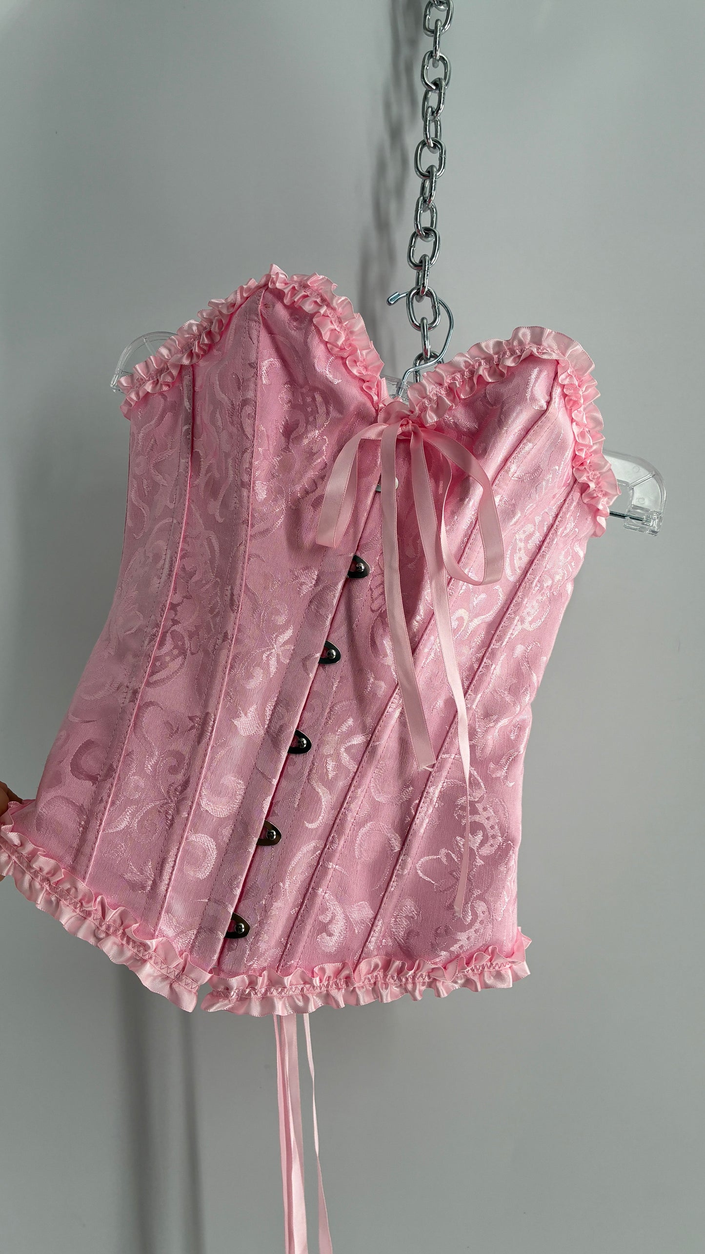 Baby Pink Ruffled Lace Trim Corset with Tie Bust Detail (Small)