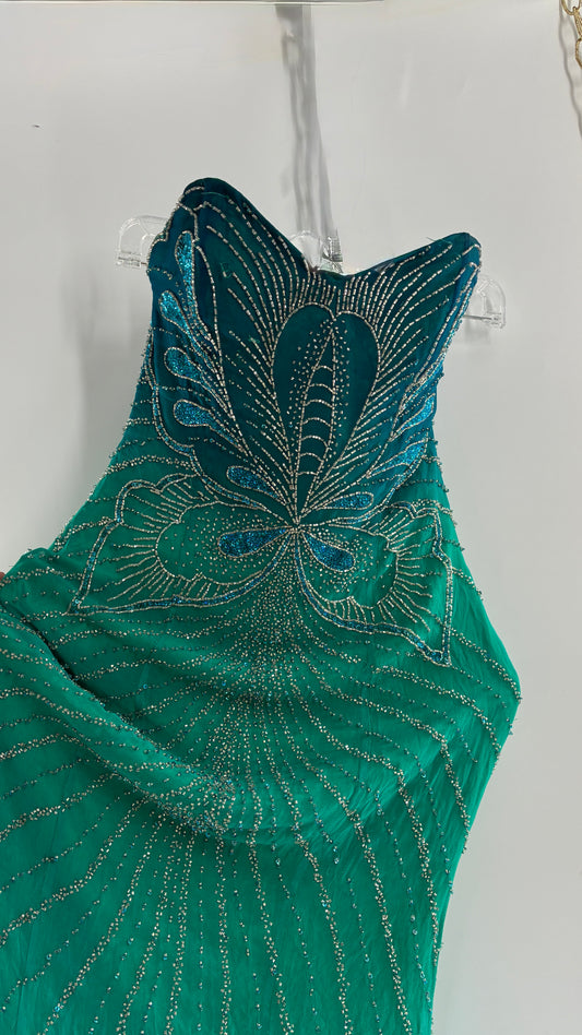 Vintage 1990s STUDIO17 100% Fully Beaded Silk Aquamarine Butterfly Dress (8)