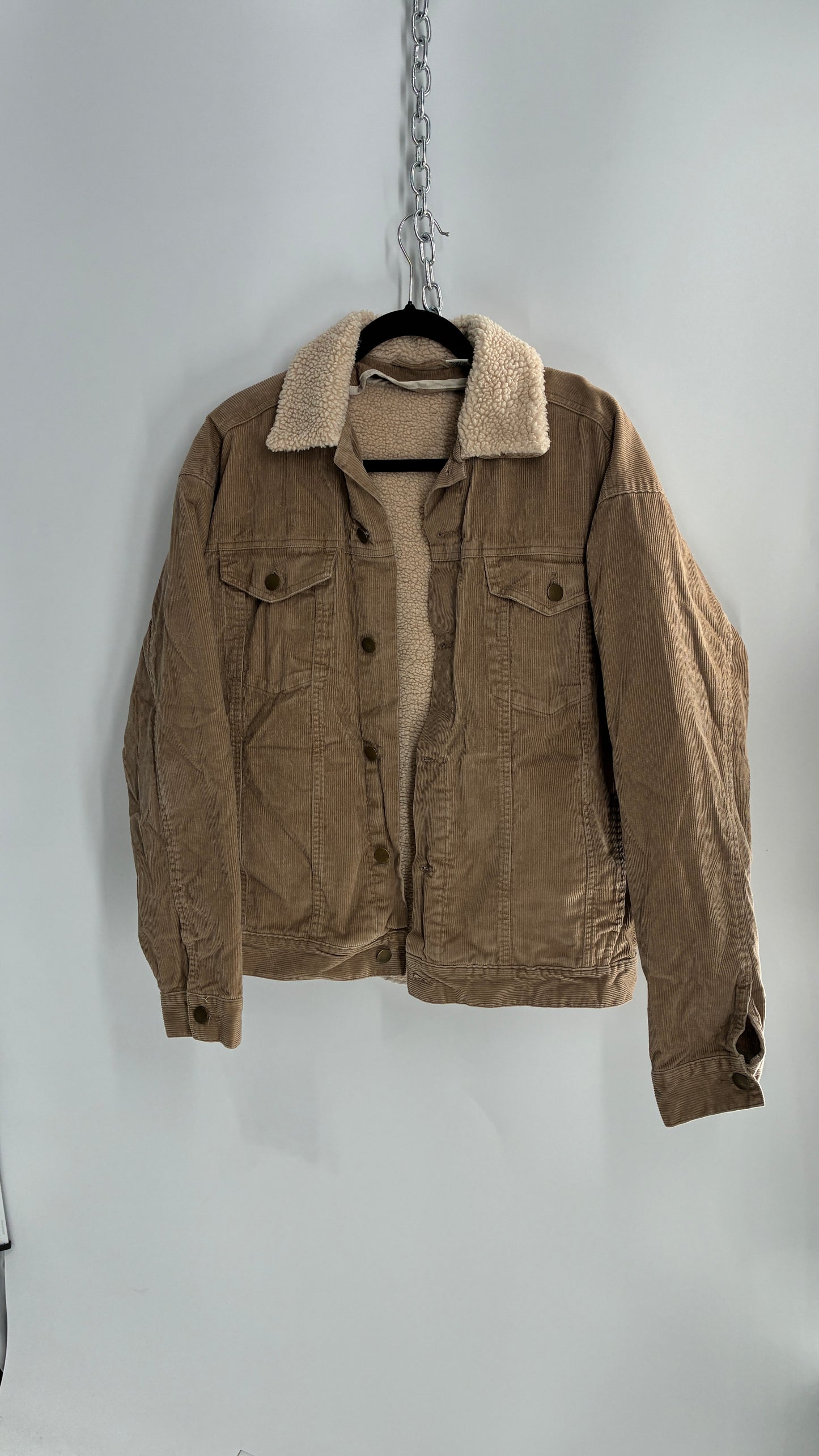 Vintage Brown Corduroy Jacket with Sherpa Lining and Collar (Adult S)