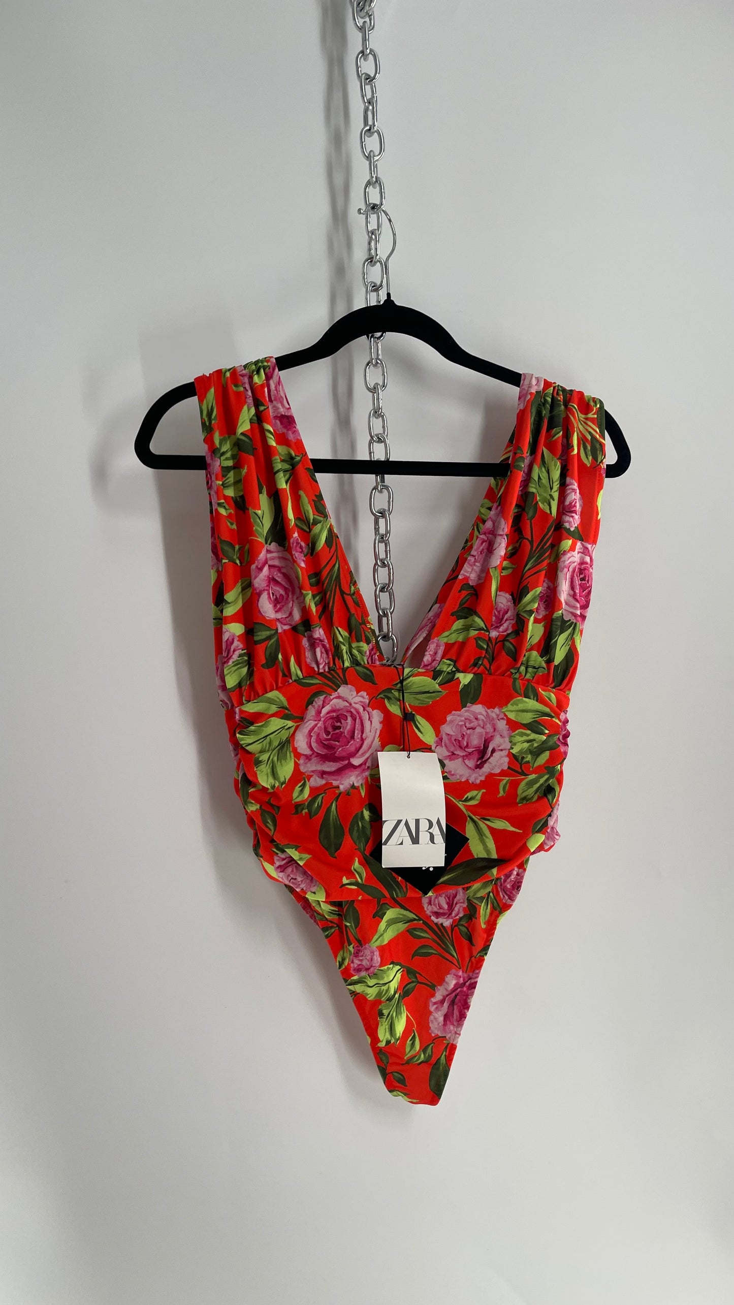 ZARA Orange Tropical Flora Ruched Bodice Bodysuit with Tags Attached (Medium)