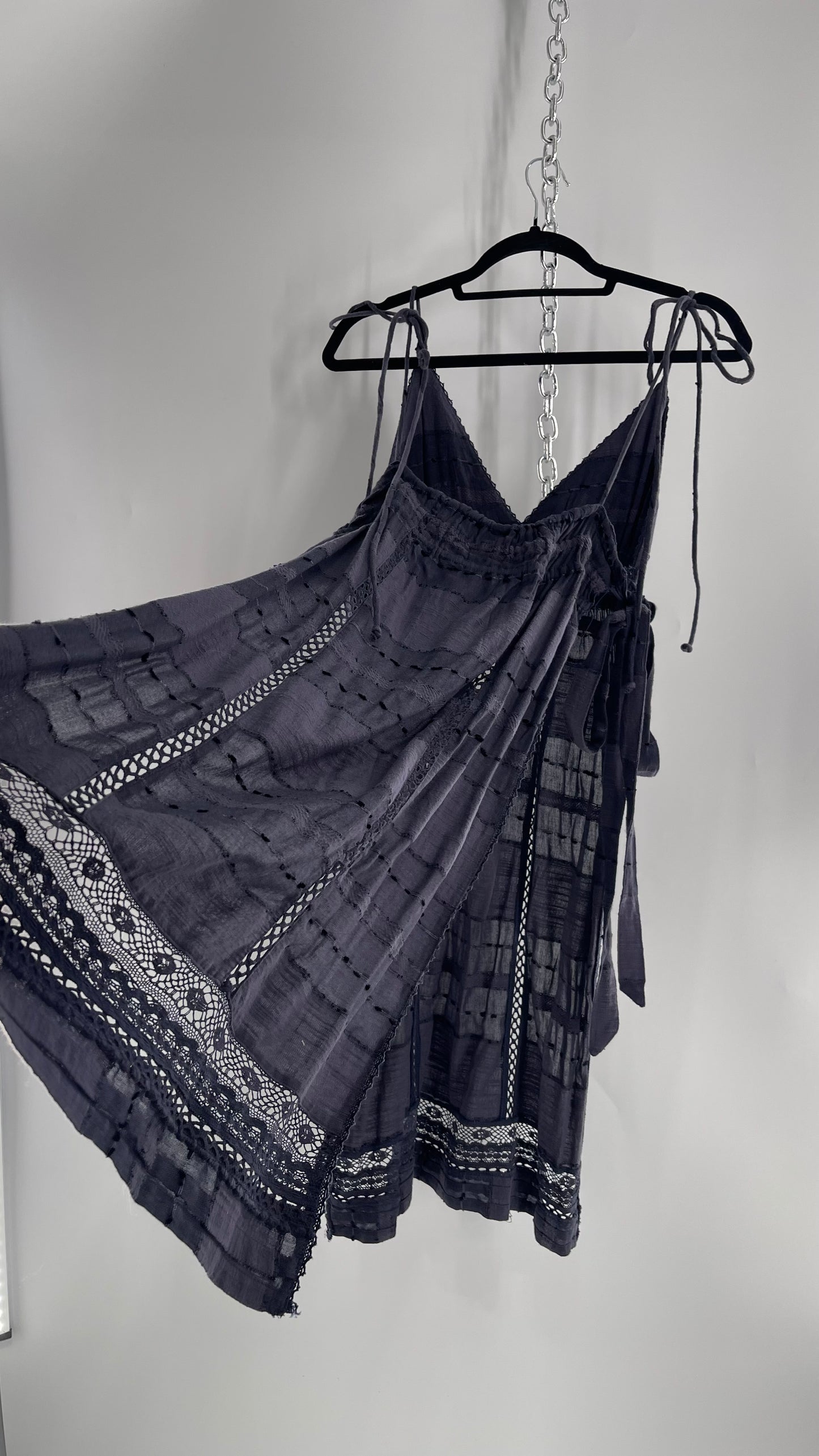 Free People Navy Blue Cotton Lace and Embroidered Open Tie Side Dress (M)