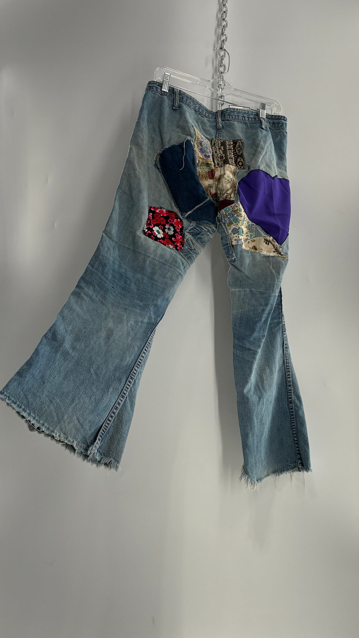 Vintage Rare 1970s Light Wash, Low Rise Boot Cut Jeans with Hand Stitched Tapestry Style Patches and Purple Heart on Bum (Measurements Below)