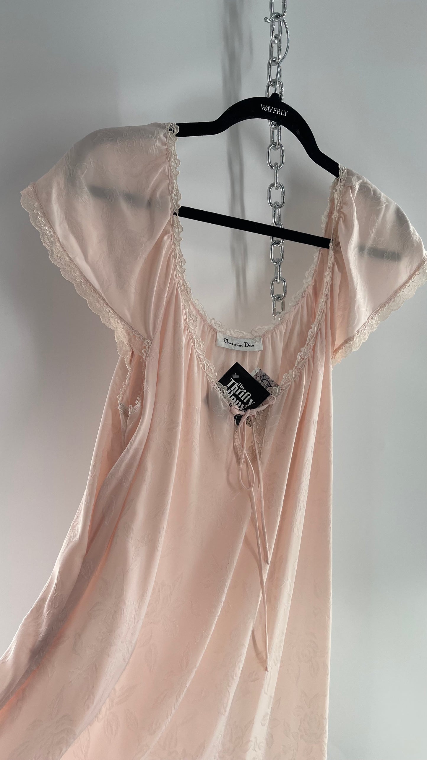 Vintage Christian Dior Pink Night Gown/ Maxi Dress with Floral Embossed Design, Lace Trim and Rosettes (Large)