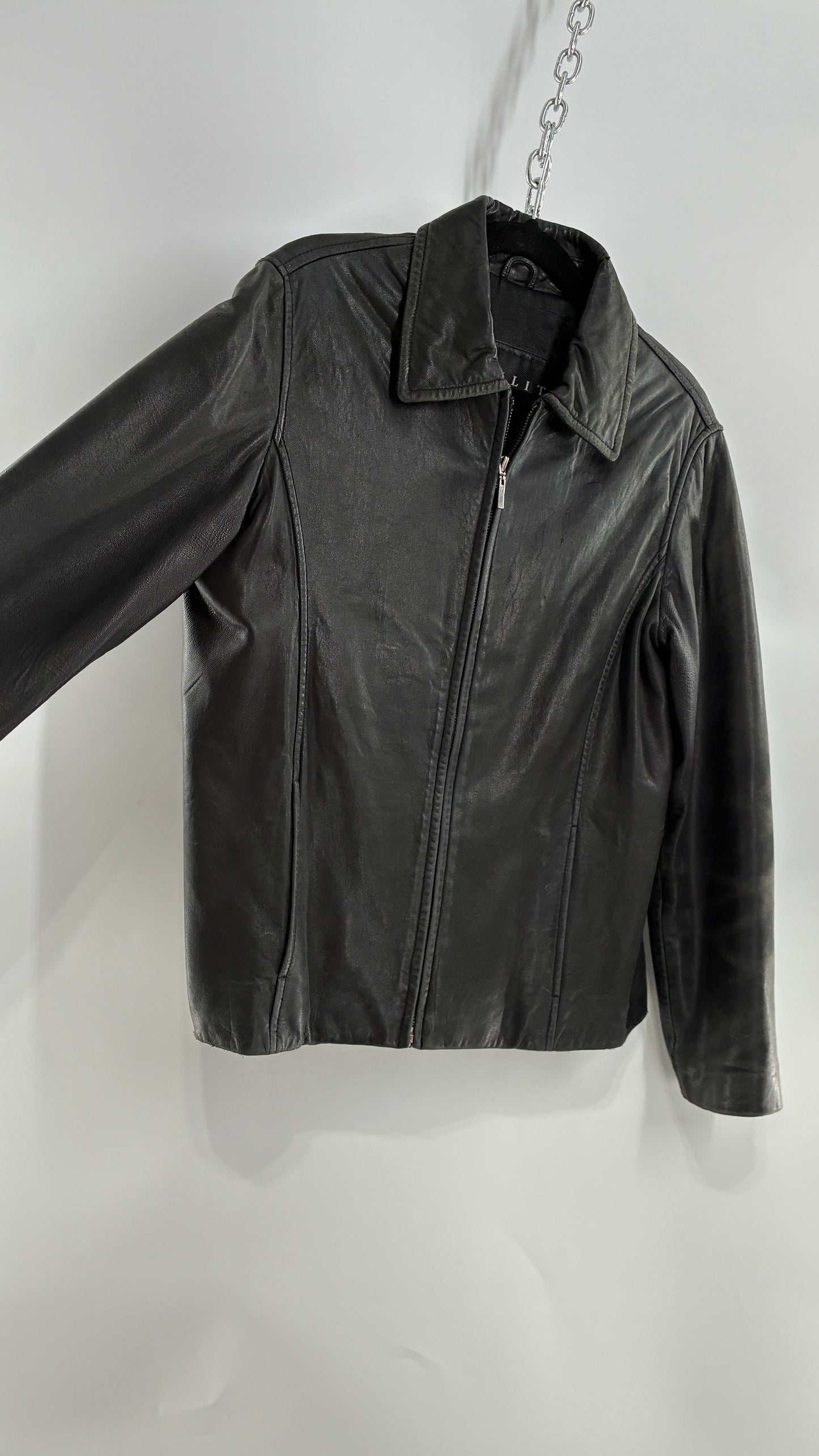 Vintage WINLIT New York Black Leather Collared Zip Front Paneled Jacket (Large)