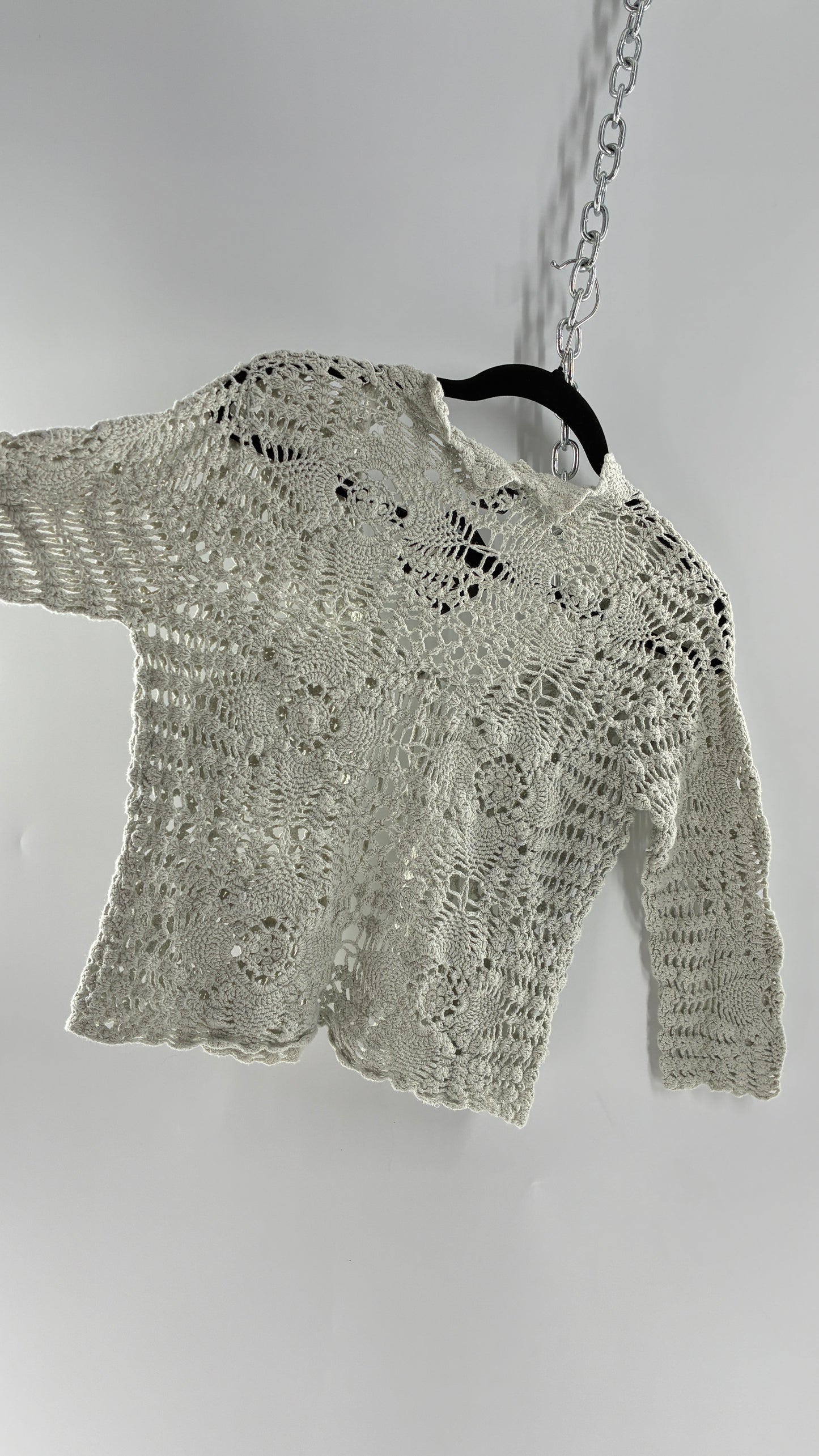 Vintage TAKEOUT Grey Crochet Knit Tie Bust Cardigan Top (Medium)