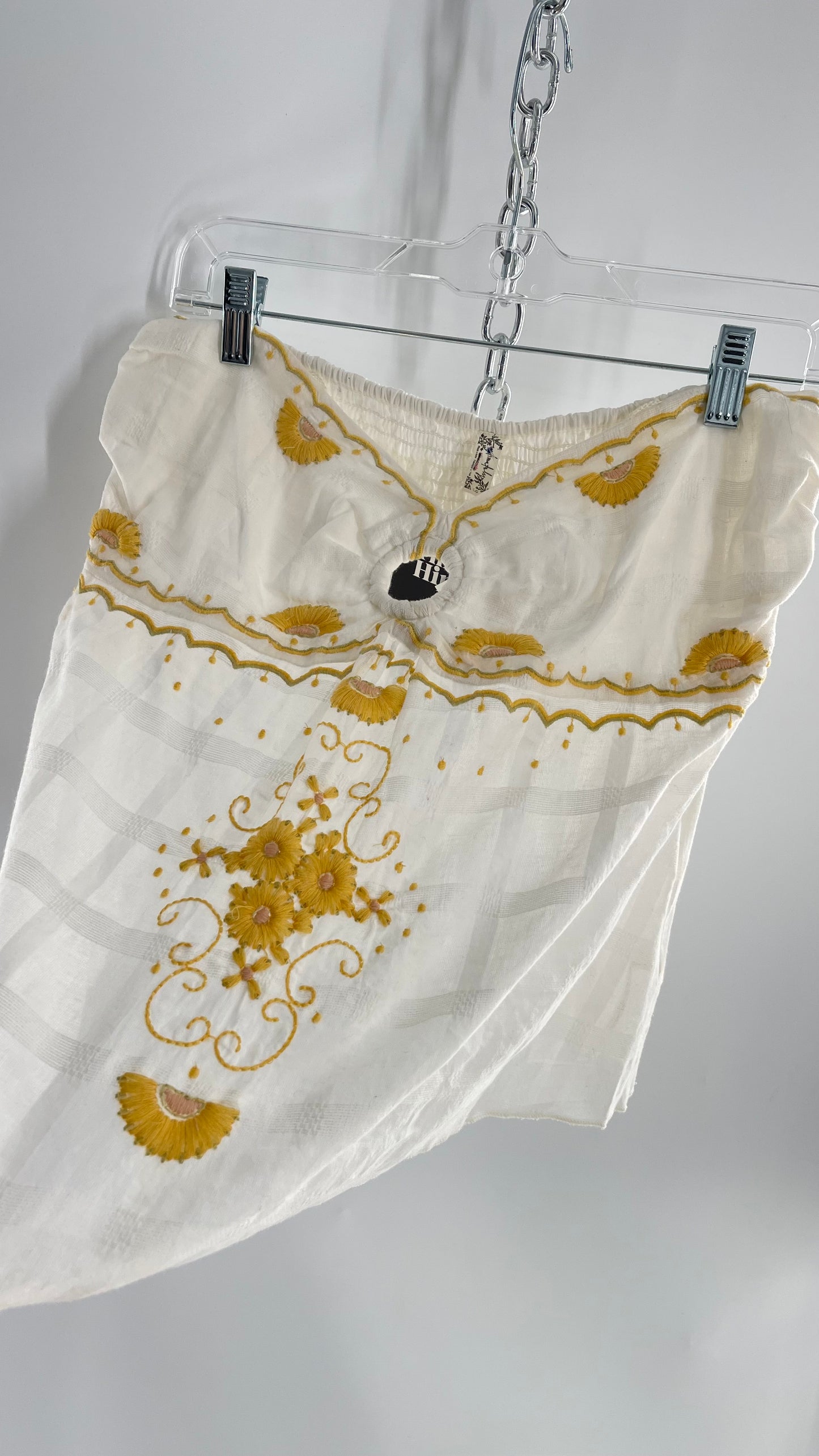 Intimately Free People White Cotton Tube Tank with Yellow Embroidered Detailing (L)