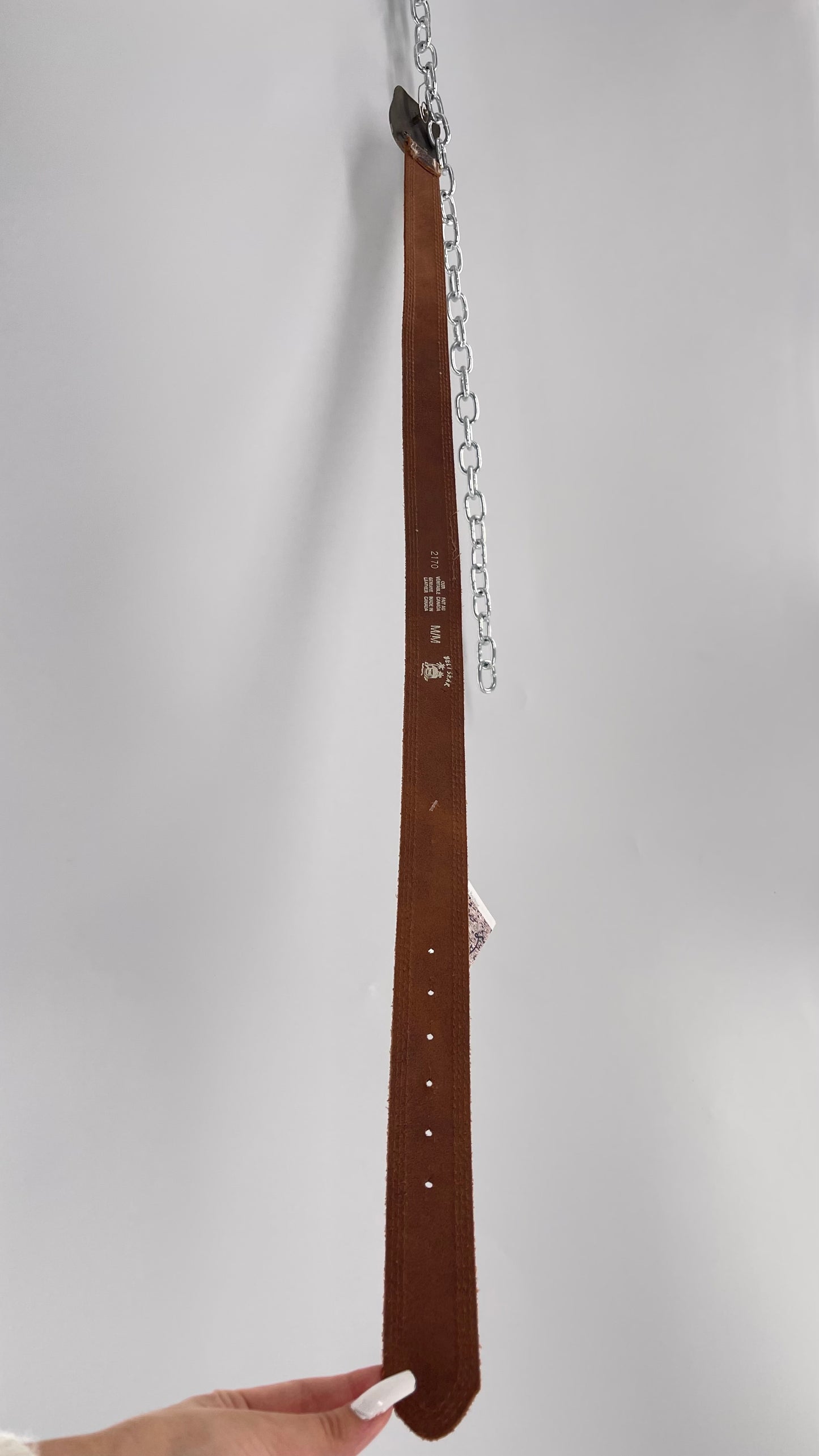 Vintage Belt Shak Brown Leather Belt with Stitching and Embossed Silver Metal Buckle (M)