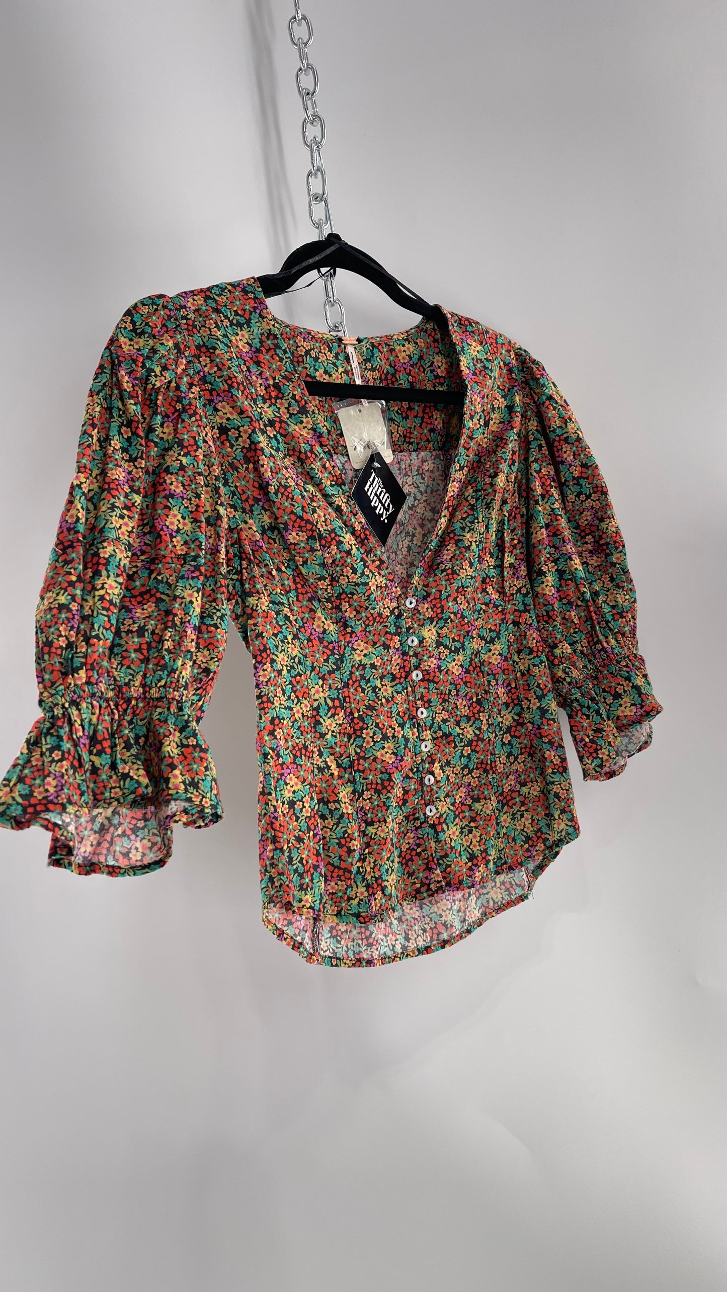 Free People 100% Cotton Colorful Florals Blouse with Deep V, Puff Sleeves, Button Front, and Tags Attached (Small)