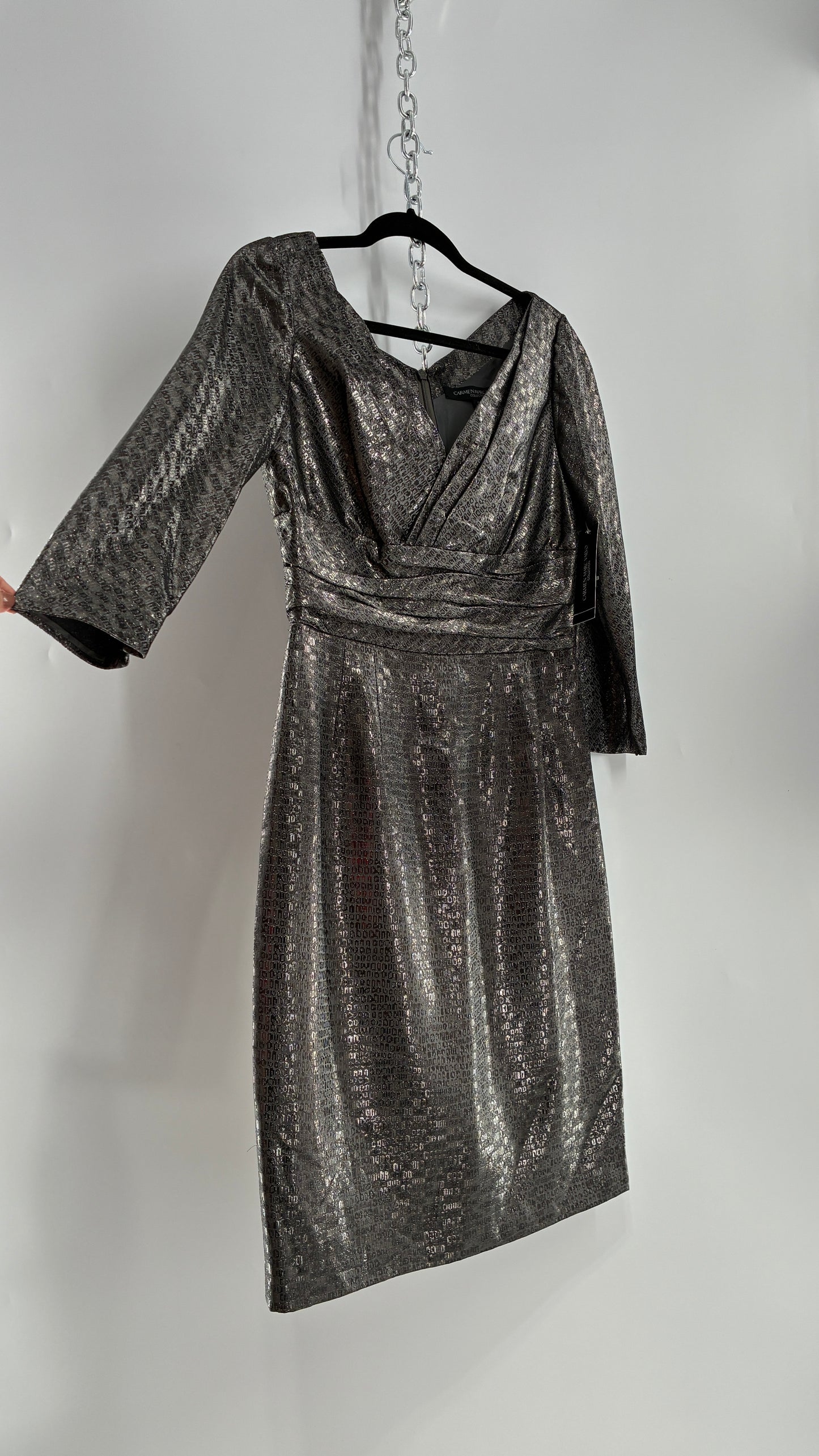 Vintage CARMEN MARC VALVO Metallic Liquid Silver Dress with Tags Attached (6)