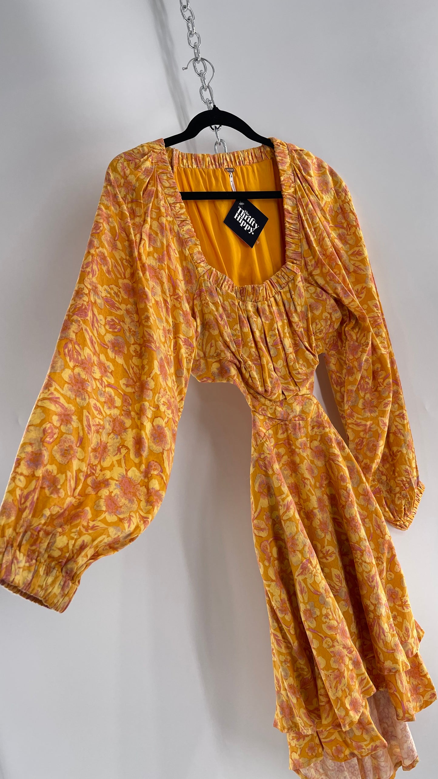 Free People Yellow Cut Out Golden Florals Dress with Ruched Bust and Balloon Sleeves (XS)