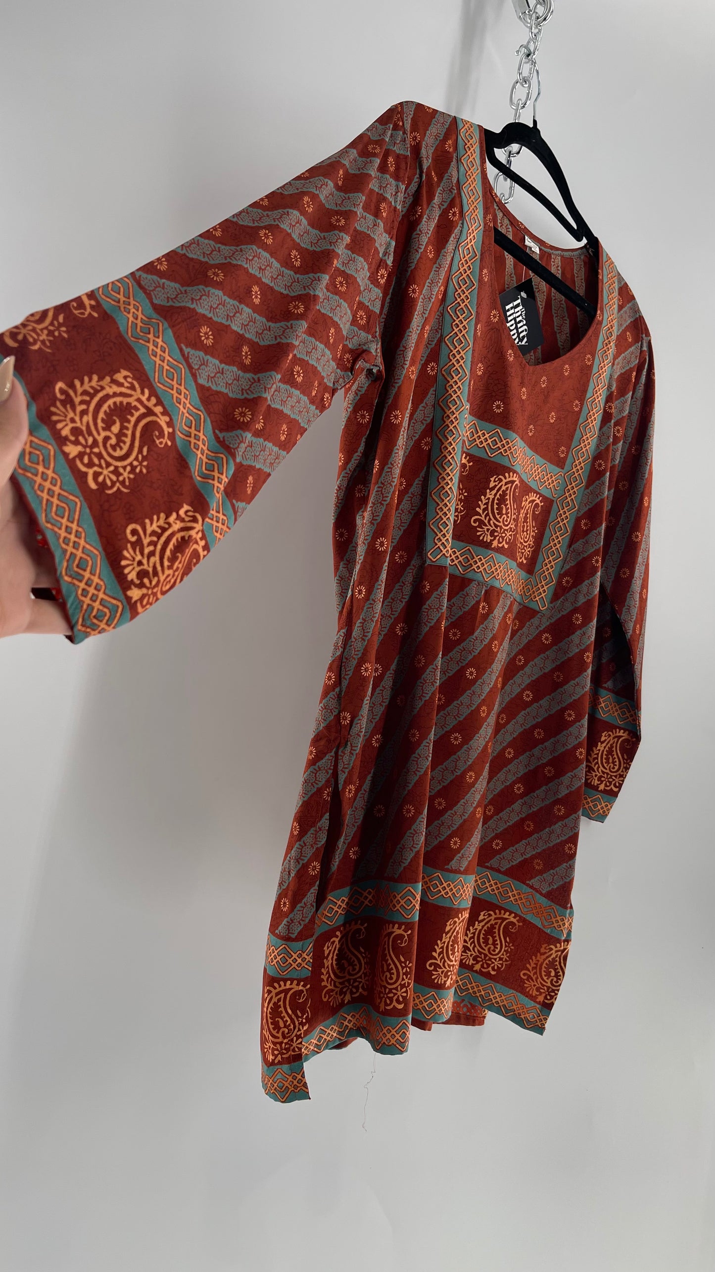 Vintage 1970s Indian 100% Silk Tunic Burnt Orange, Teal and Gold (40)
