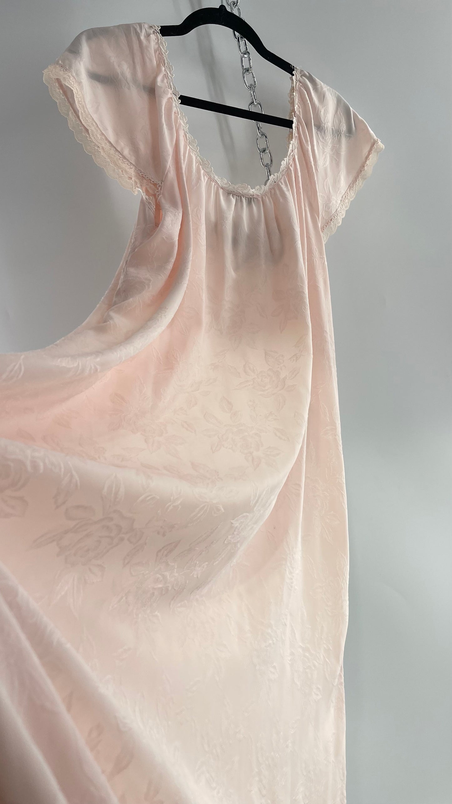 Vintage Christian Dior Pink Night Gown/ Maxi Dress with Floral Embossed Design, Lace Trim and Rosettes (Large)