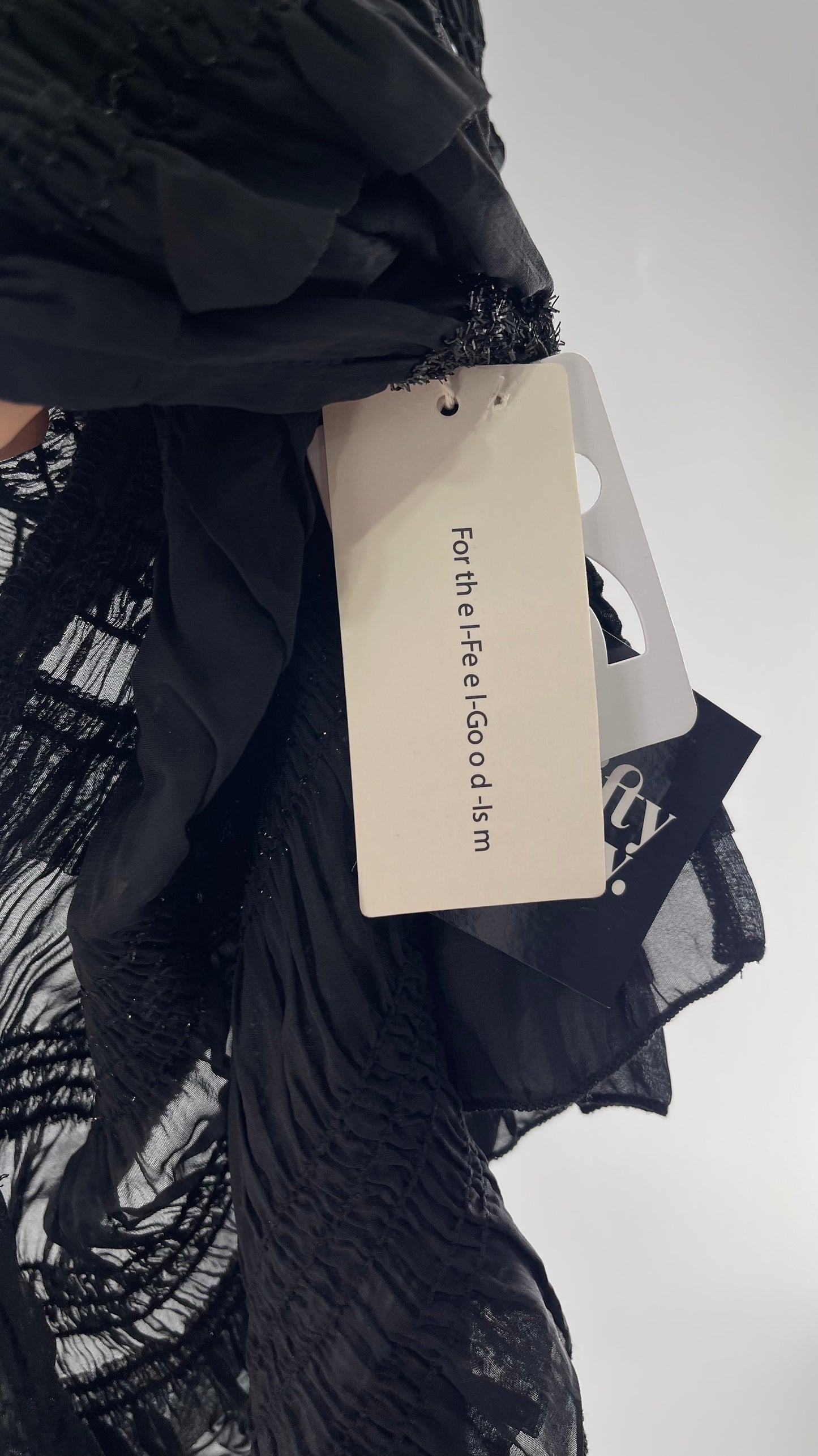 The Commense Black Sheer Crimped Midi Dress with Stripes of Tinsel and Ruffle with Tags Attached (Medium)