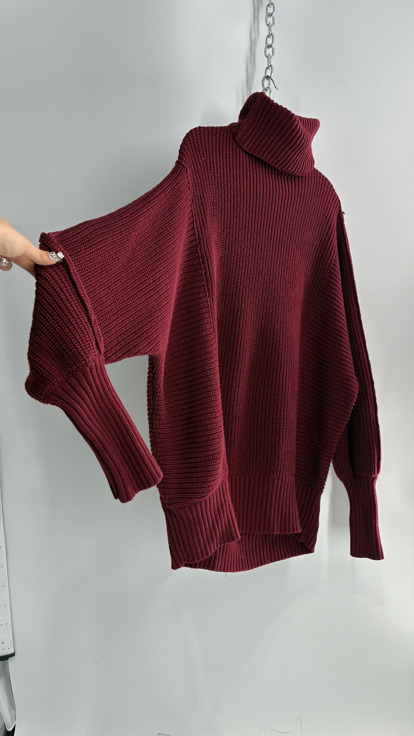 Free People Oversized Heavy Thick Knit Maroon Turtle Neck Sweater (Large)