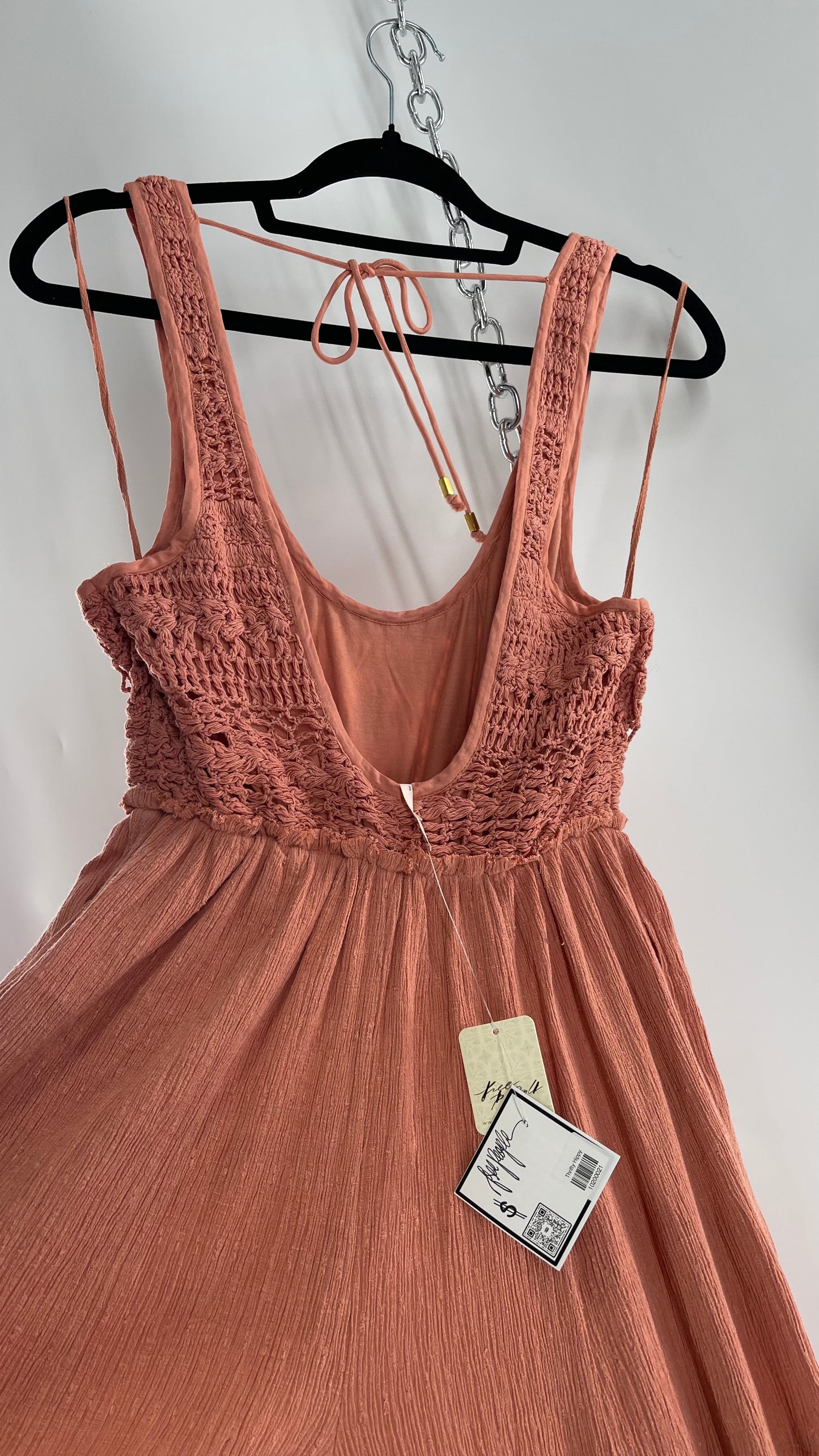 Free People Rose/Peach Pink Wide Leg Jumpsuit with Crochet Bust and Tags Attached (XS)