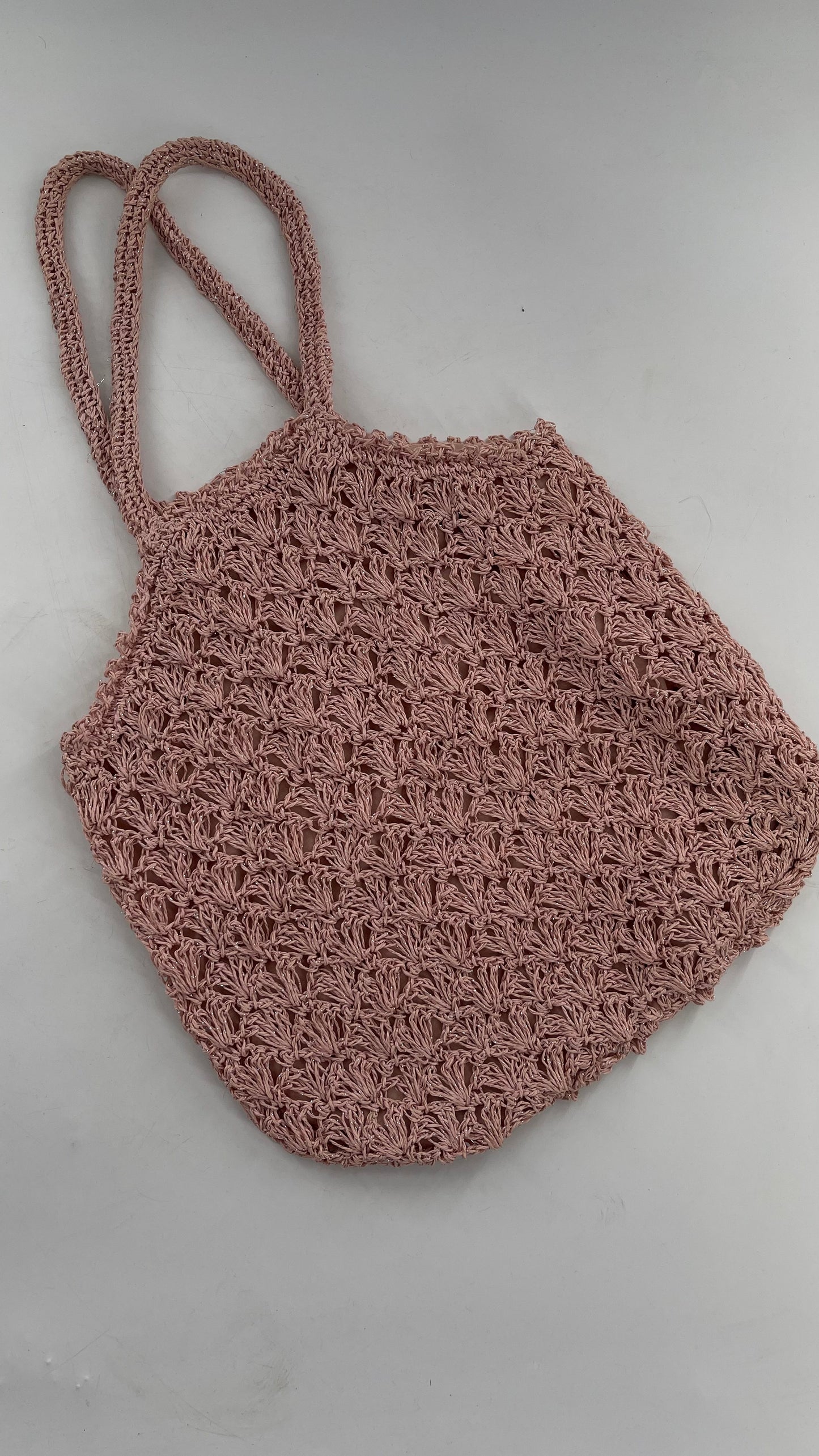 Urban Outfitters Baby Pink Straw Tote Bag with Silver Tinsel